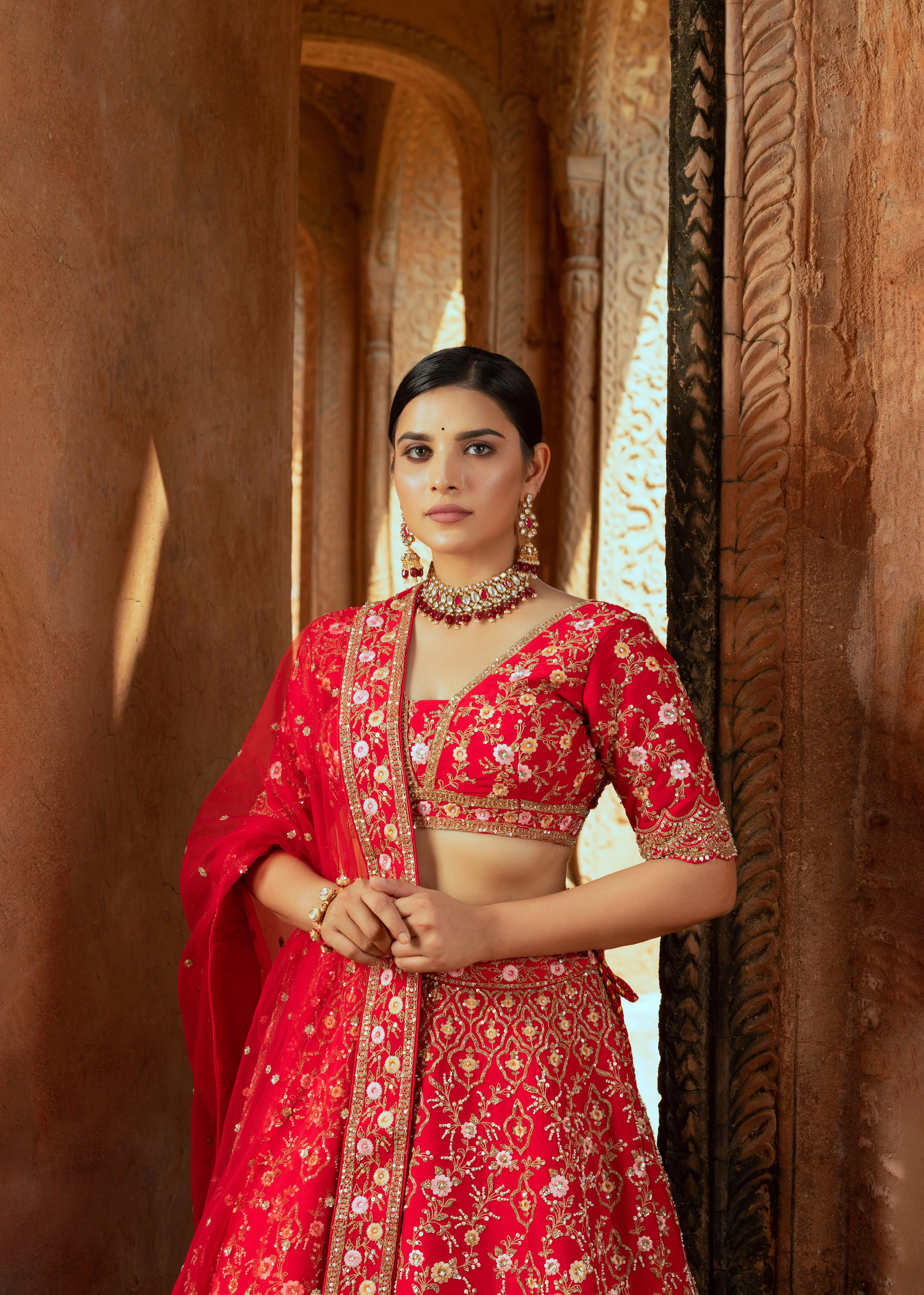 Red Silk Bridal Lehenga with Sequins, Cutdana, and Hand-Embroidery - Image 2