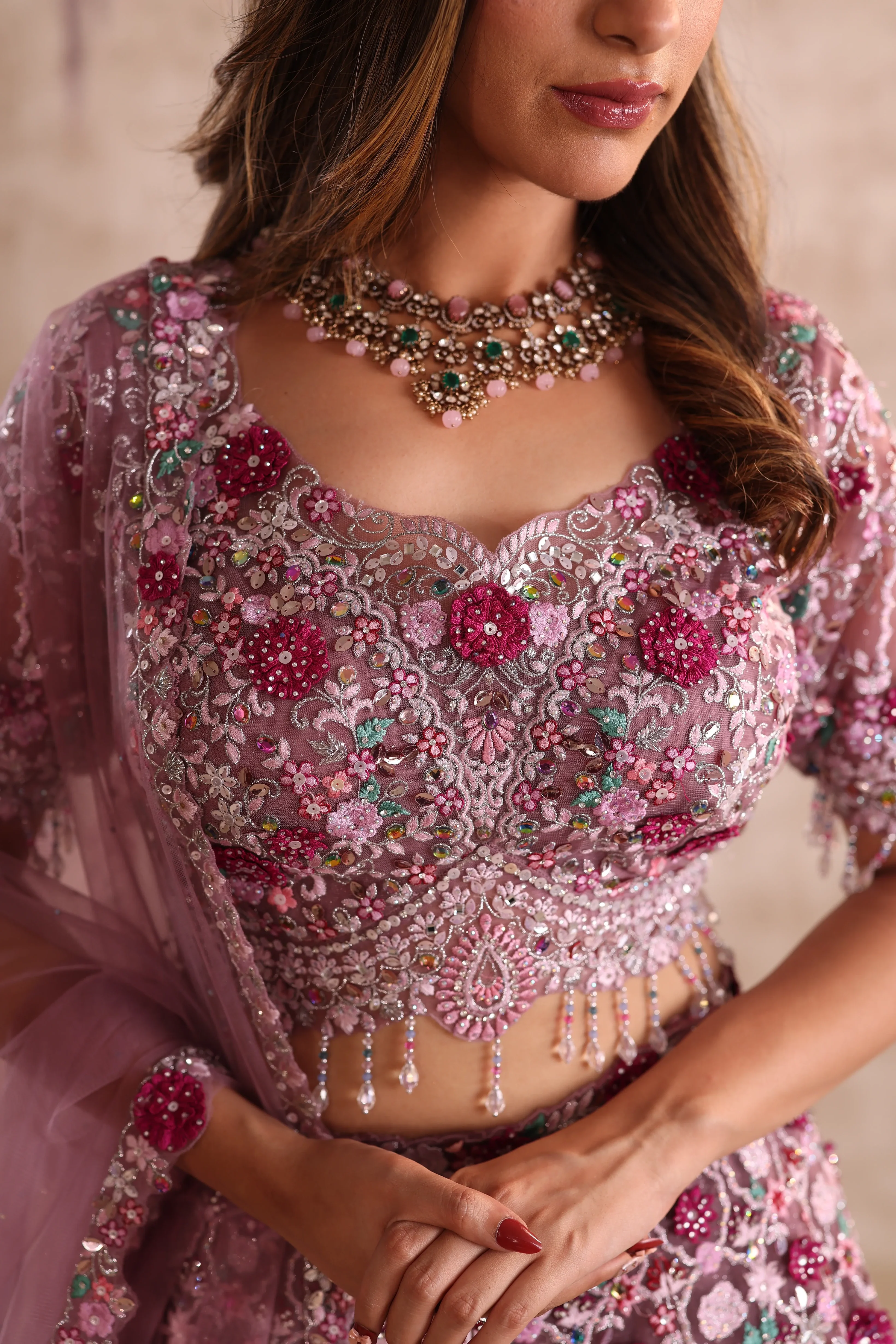 Rose Pink Embroidered Party Wear Lehenga - Image 3