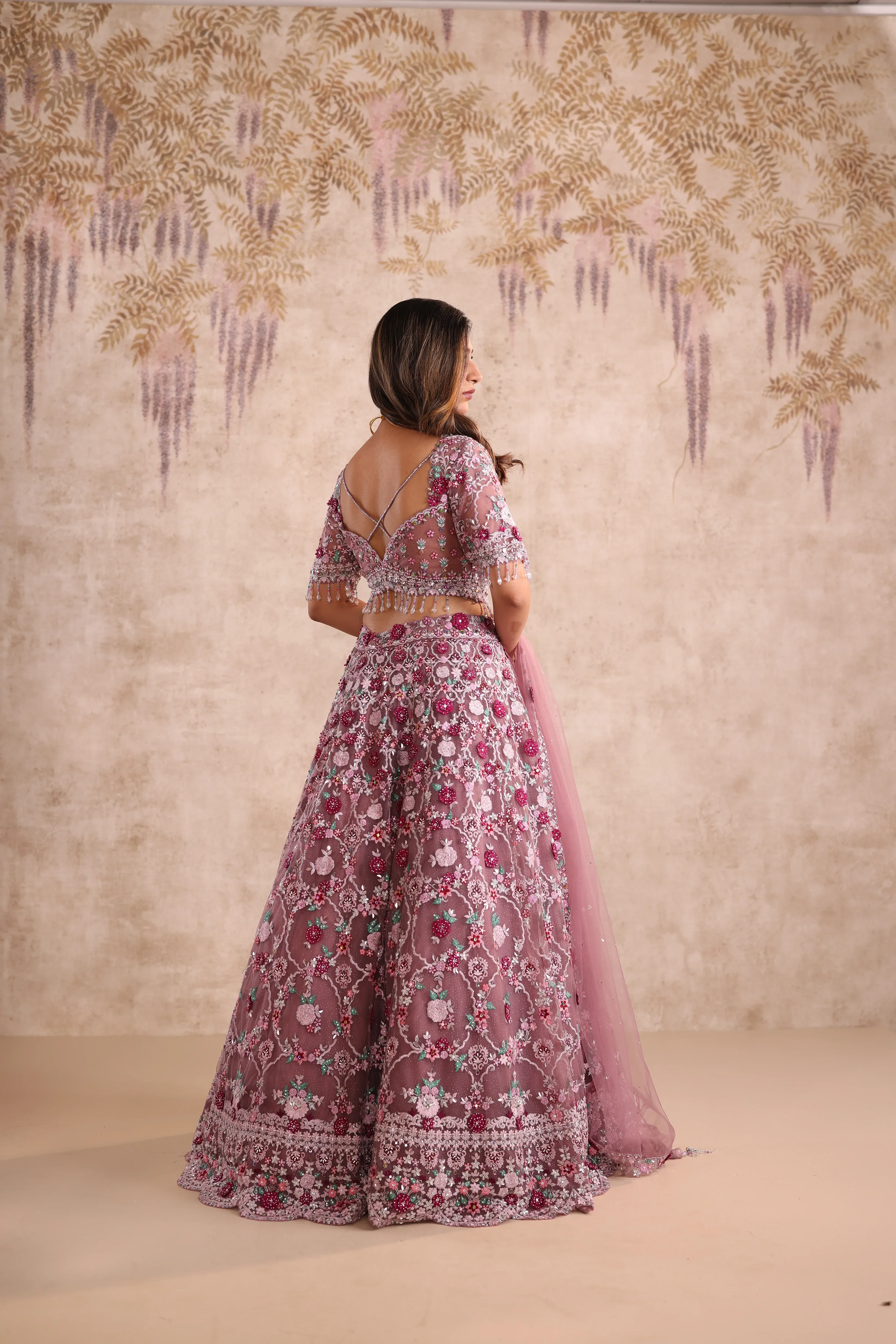 Rose Pink Embroidered Party Wear Lehenga - Image 4