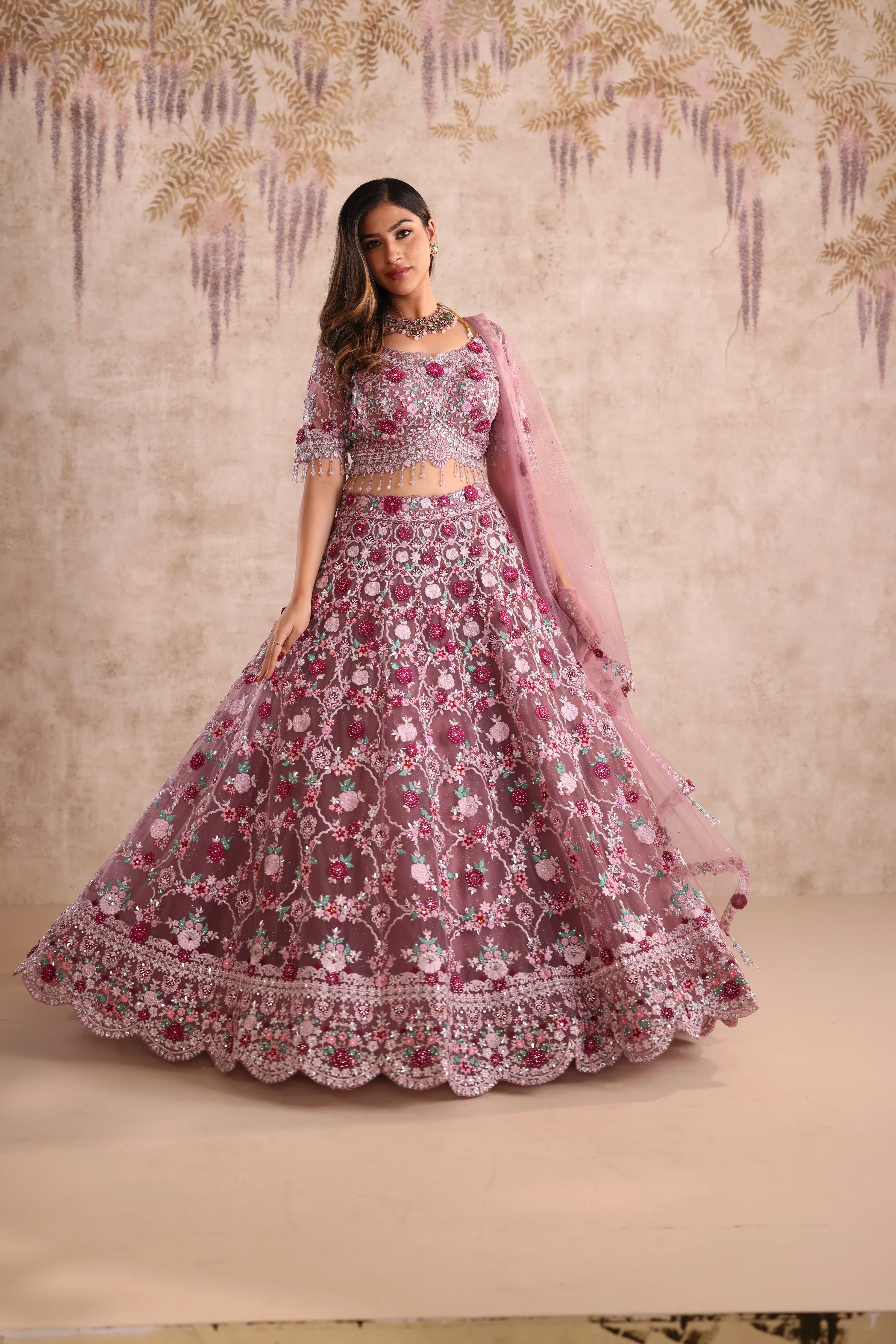 Rose Pink Embroidered Party Wear Lehenga - Image 5