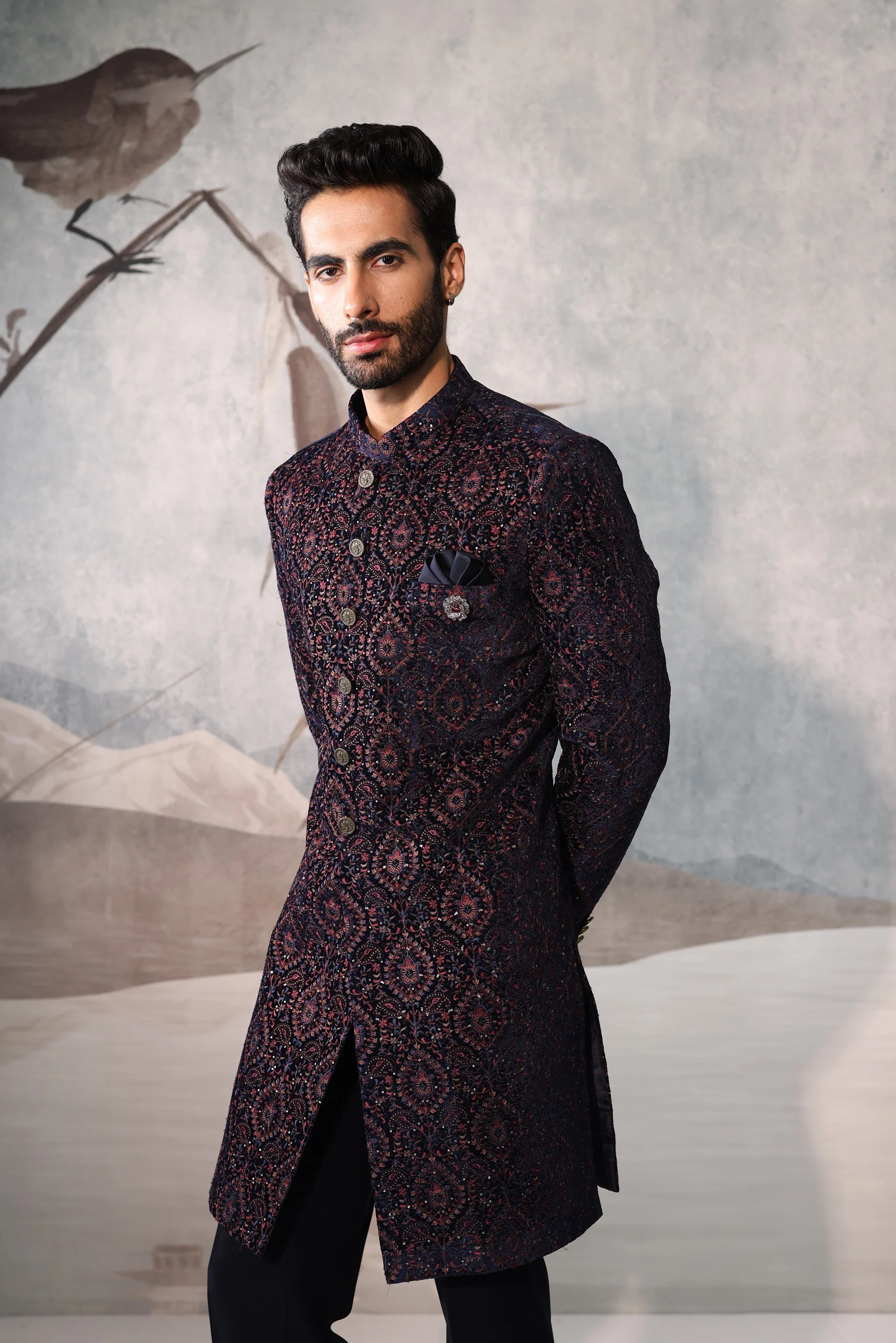 Blue multi colour thread embroidery Indo-Western - Image 3