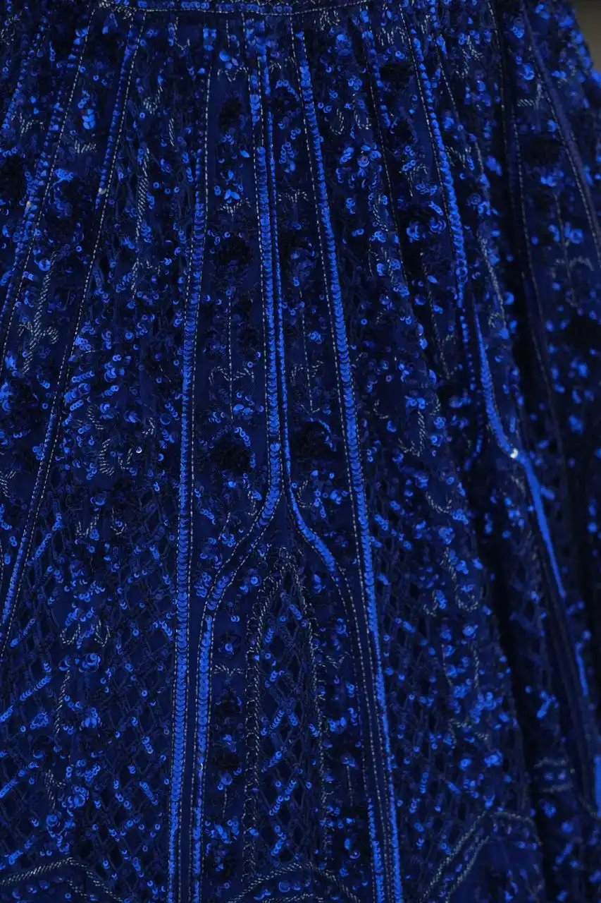 Royal blue net lehenga with floral embellishments - Image 6