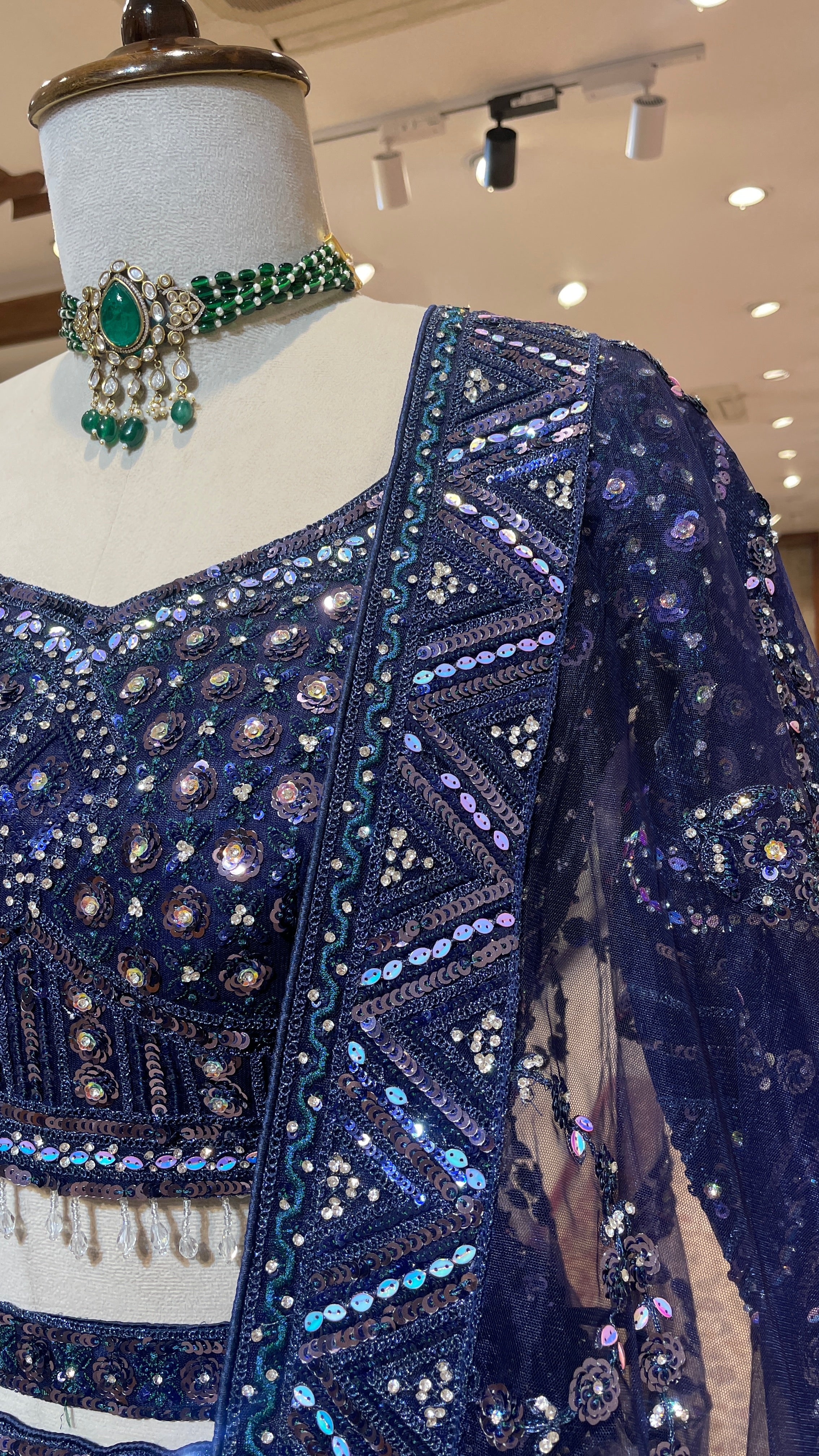 Royal blue net lehenga with sequins and rhinestones - Image 2