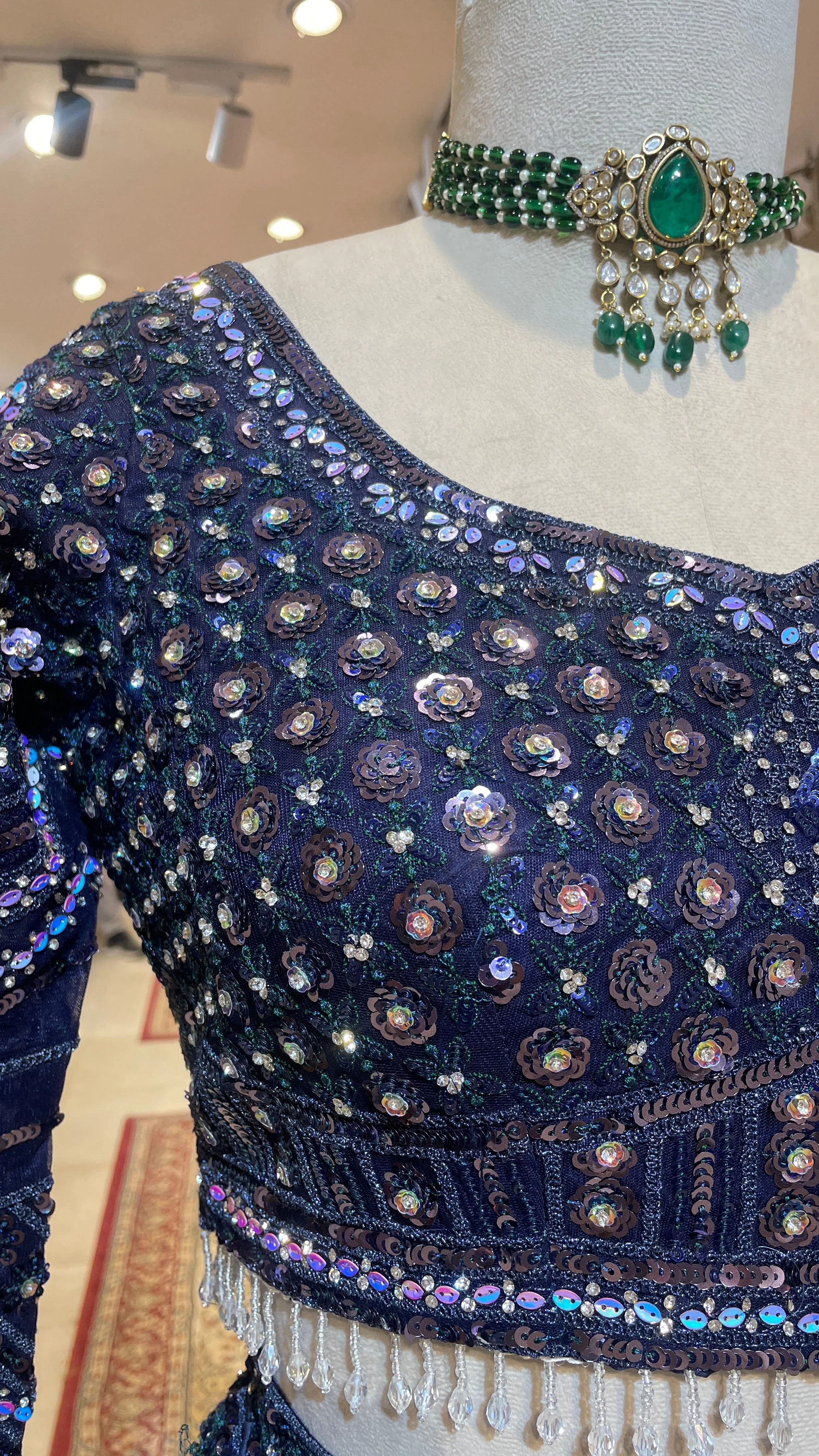 Royal blue net lehenga with sequins and rhinestones - Image 3