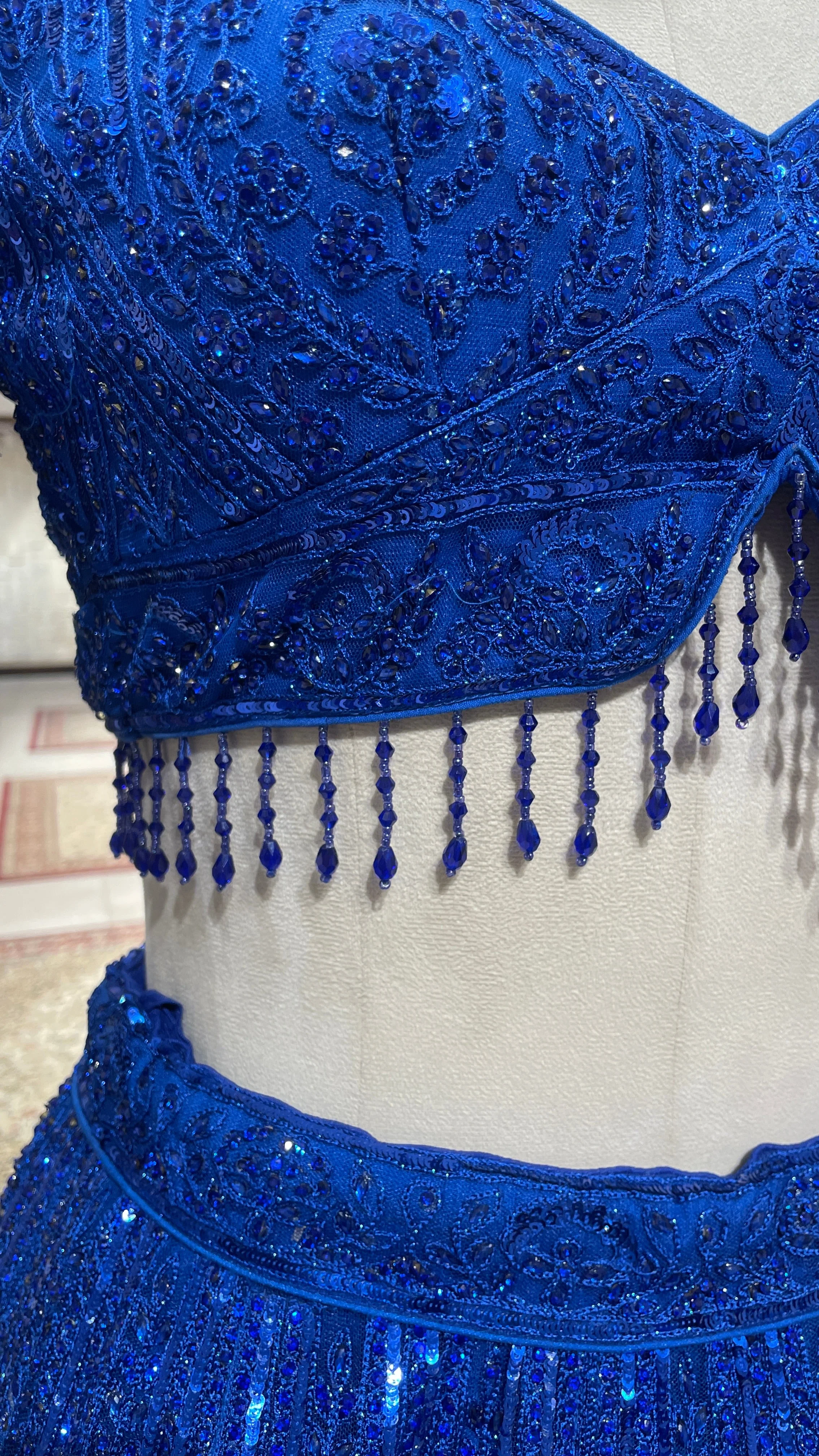 Royal blue net lehenga with threadwork and sequin embellishments - Image 4