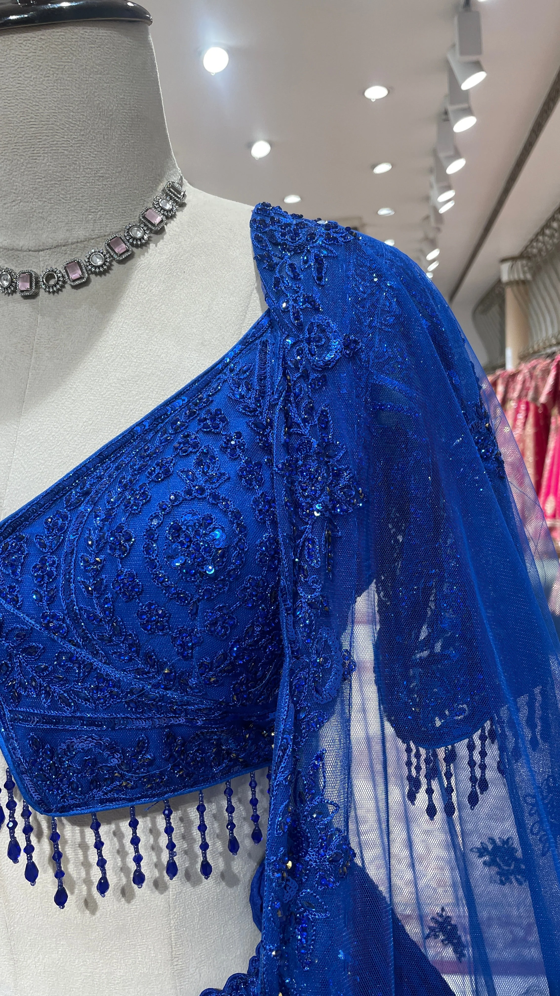 Royal blue net lehenga with threadwork and sequin embellishments - Image 5