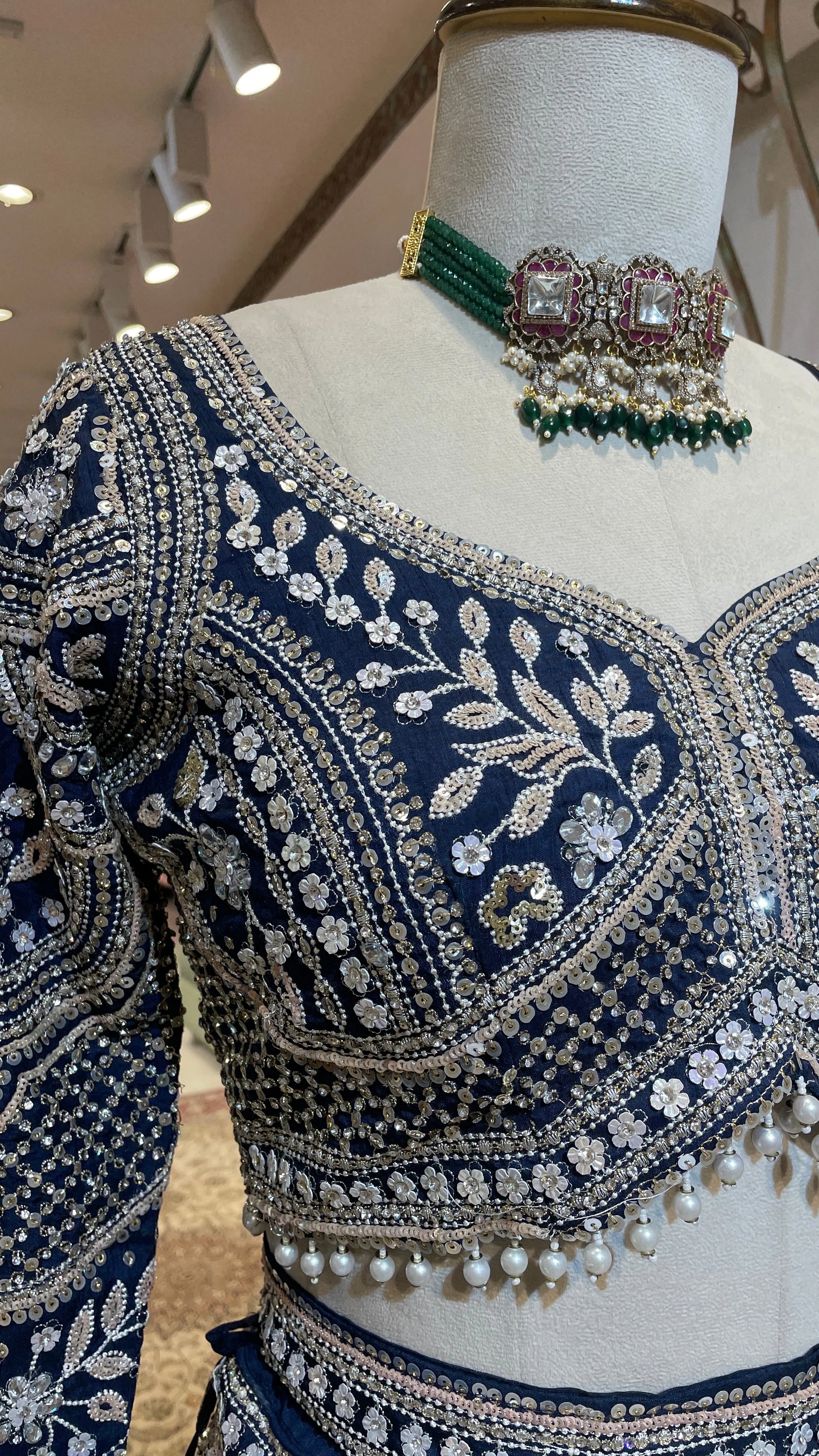 Royal blue silk lehenga with sequins and floral motifs - Image 2