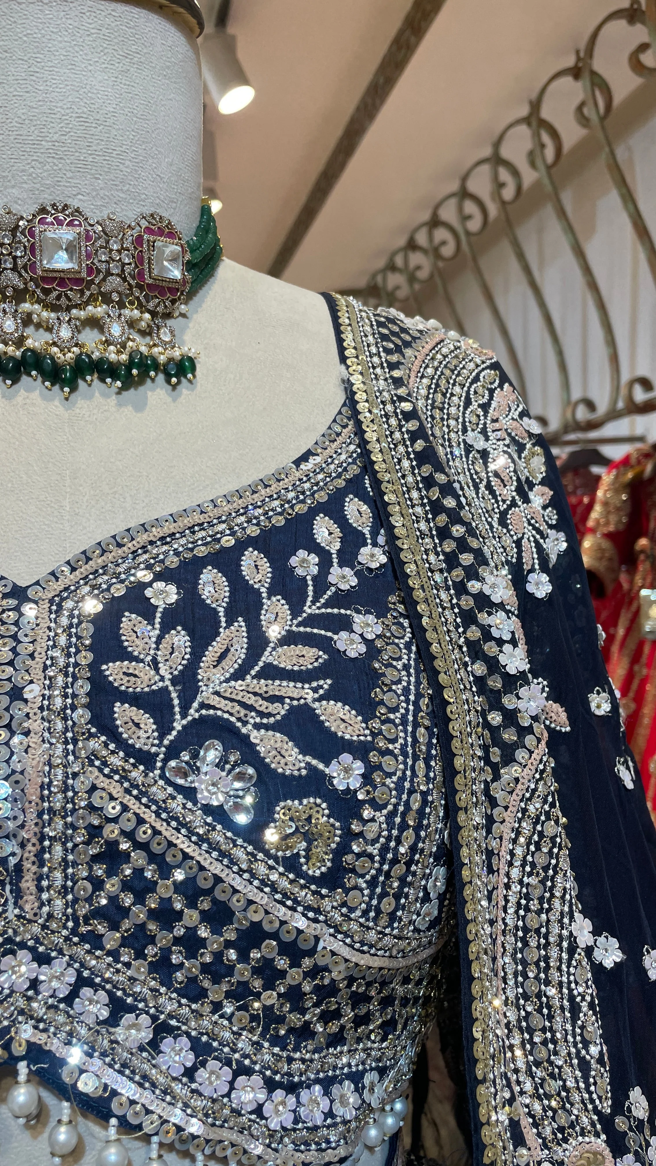 Royal blue silk lehenga with sequins and floral motifs - Image 3