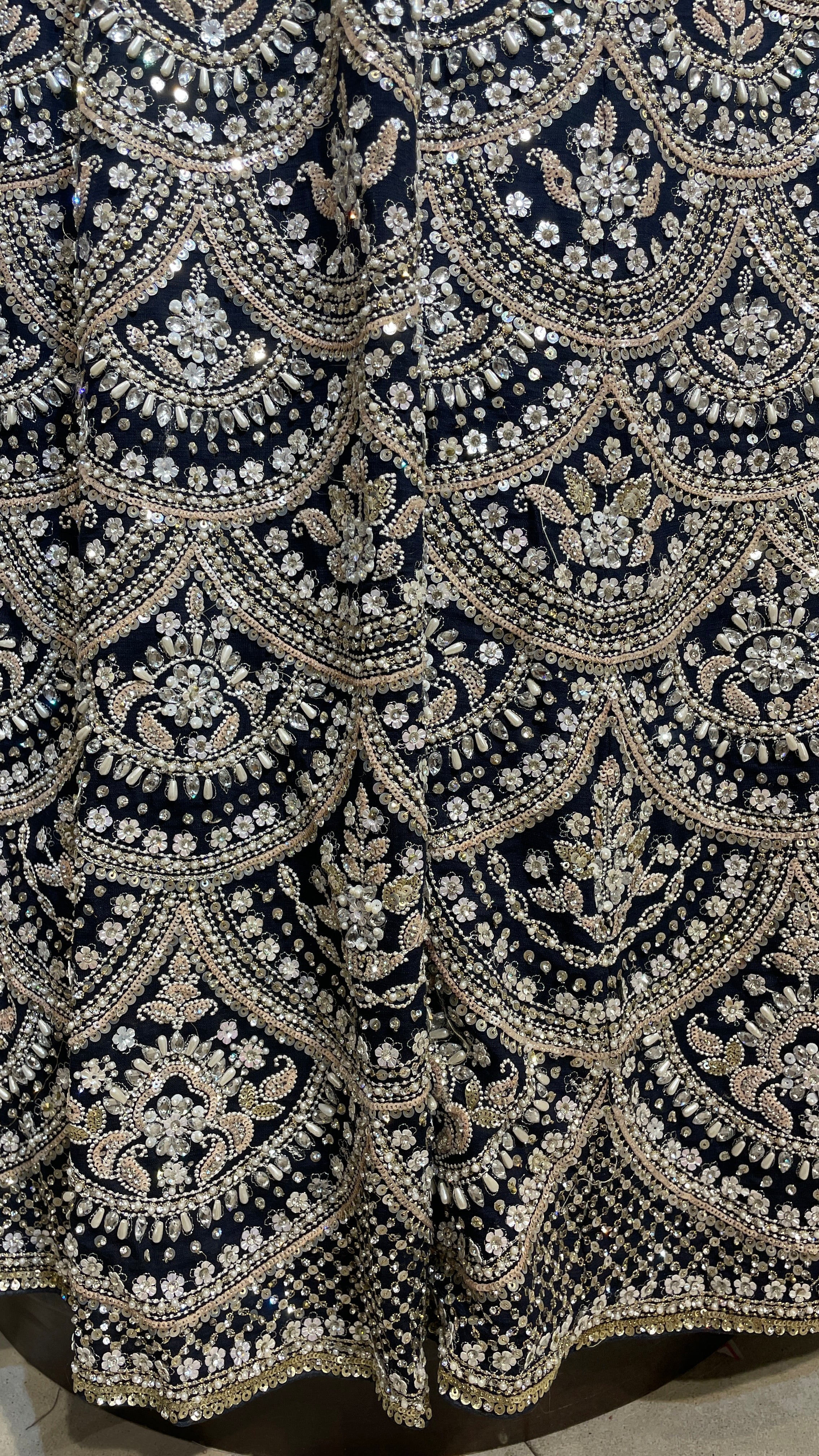 Royal blue silk lehenga with sequins and floral motifs - Image 4