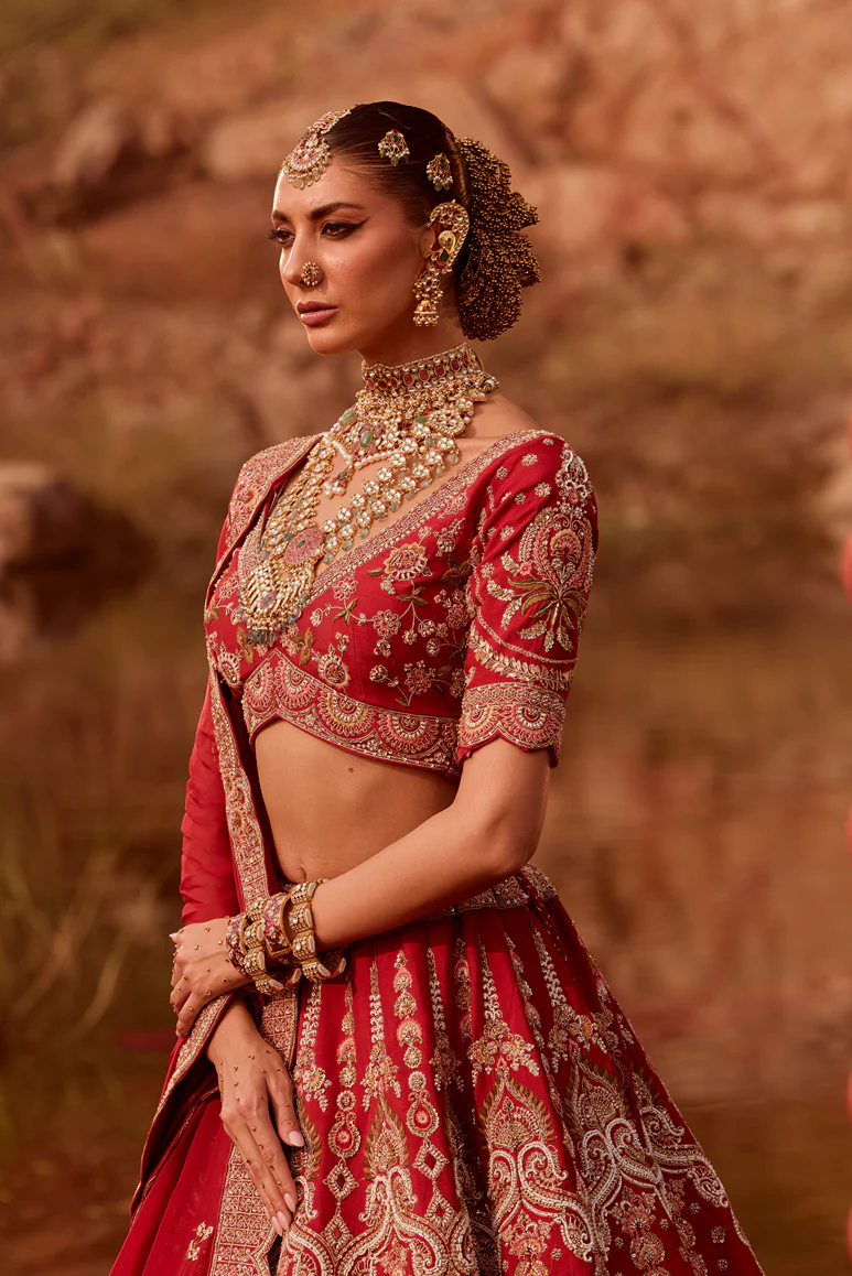 Red silk sequins and thread work Bridal lehenga - Image 3