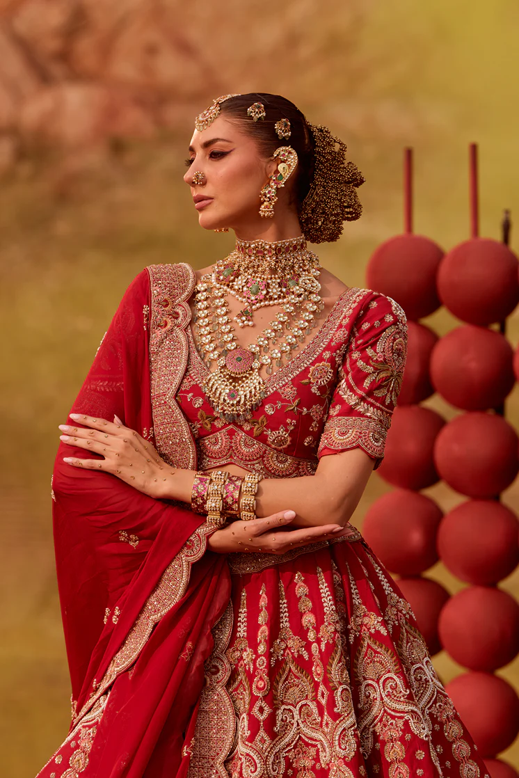 Red silk sequins and thread work Bridal lehenga - Image 4