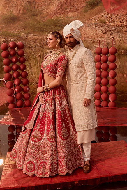 Red silk sequins and thread work Bridal lehenga - Image 5