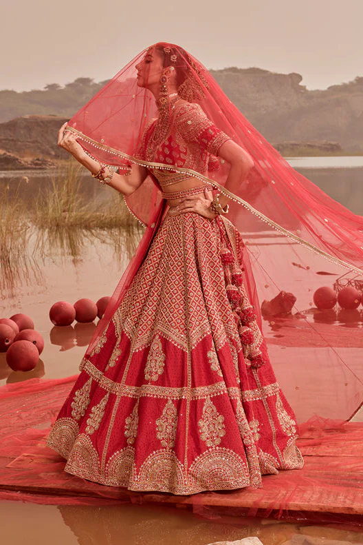 Red heavy Butti embellished bridal lehenga - Image 3