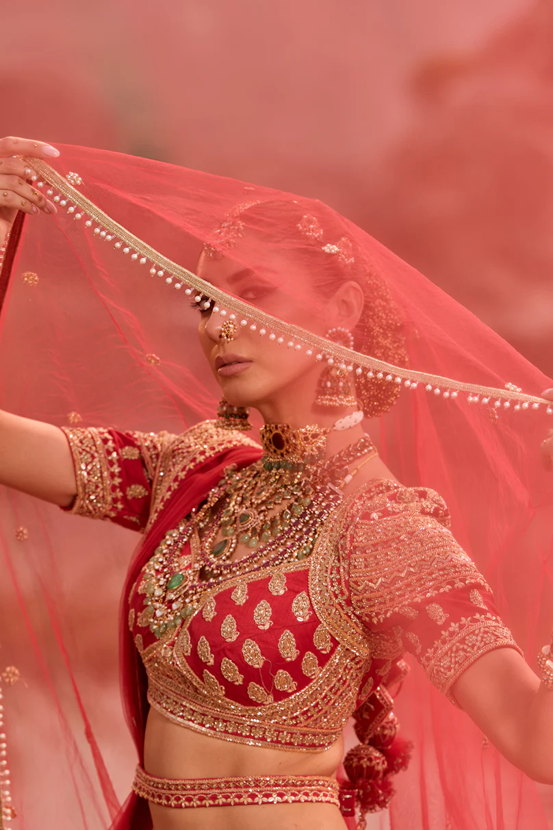 Red heavy Butti embellished bridal lehenga - Image 4