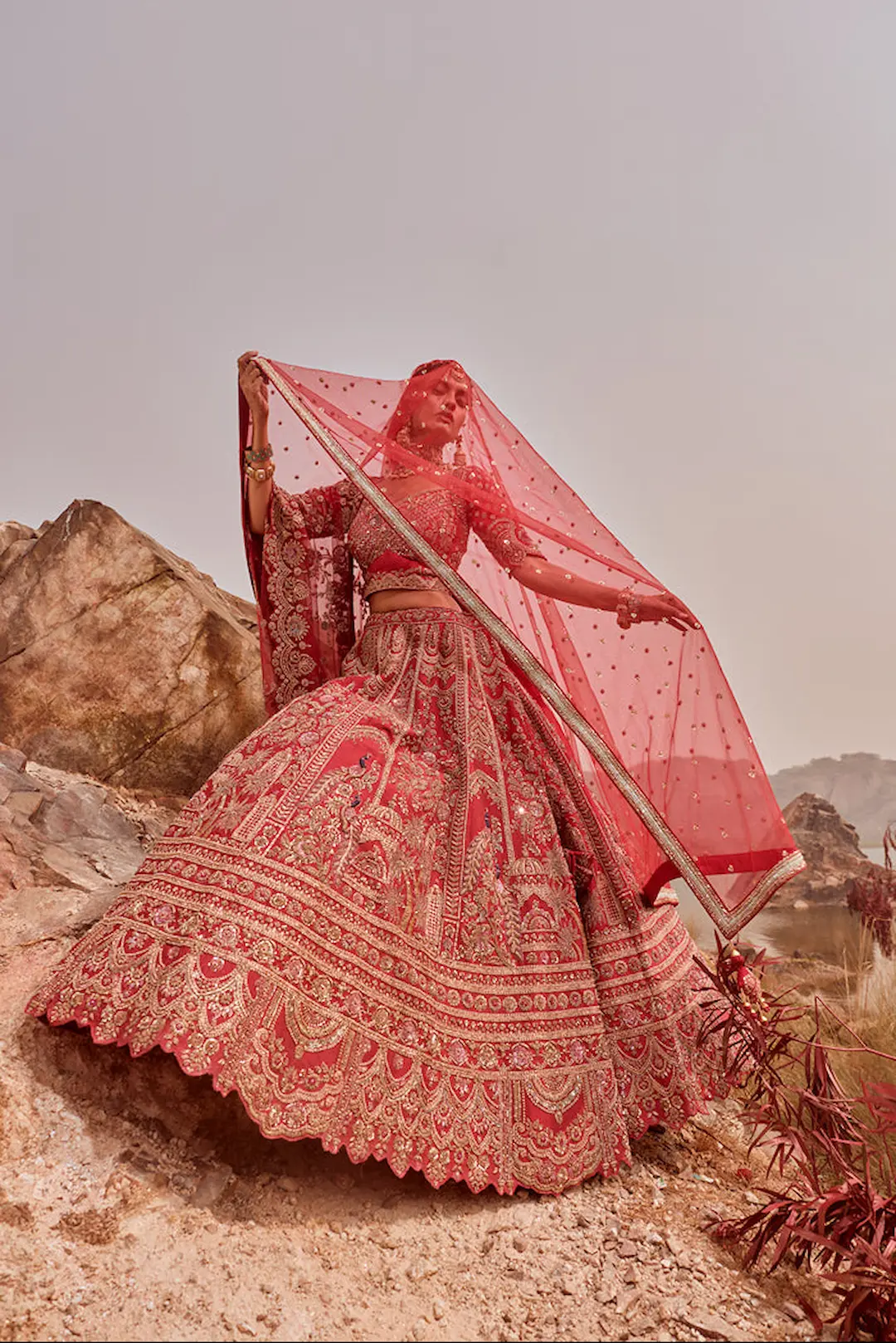 Red silk lehenga with zardozi work - Image 3