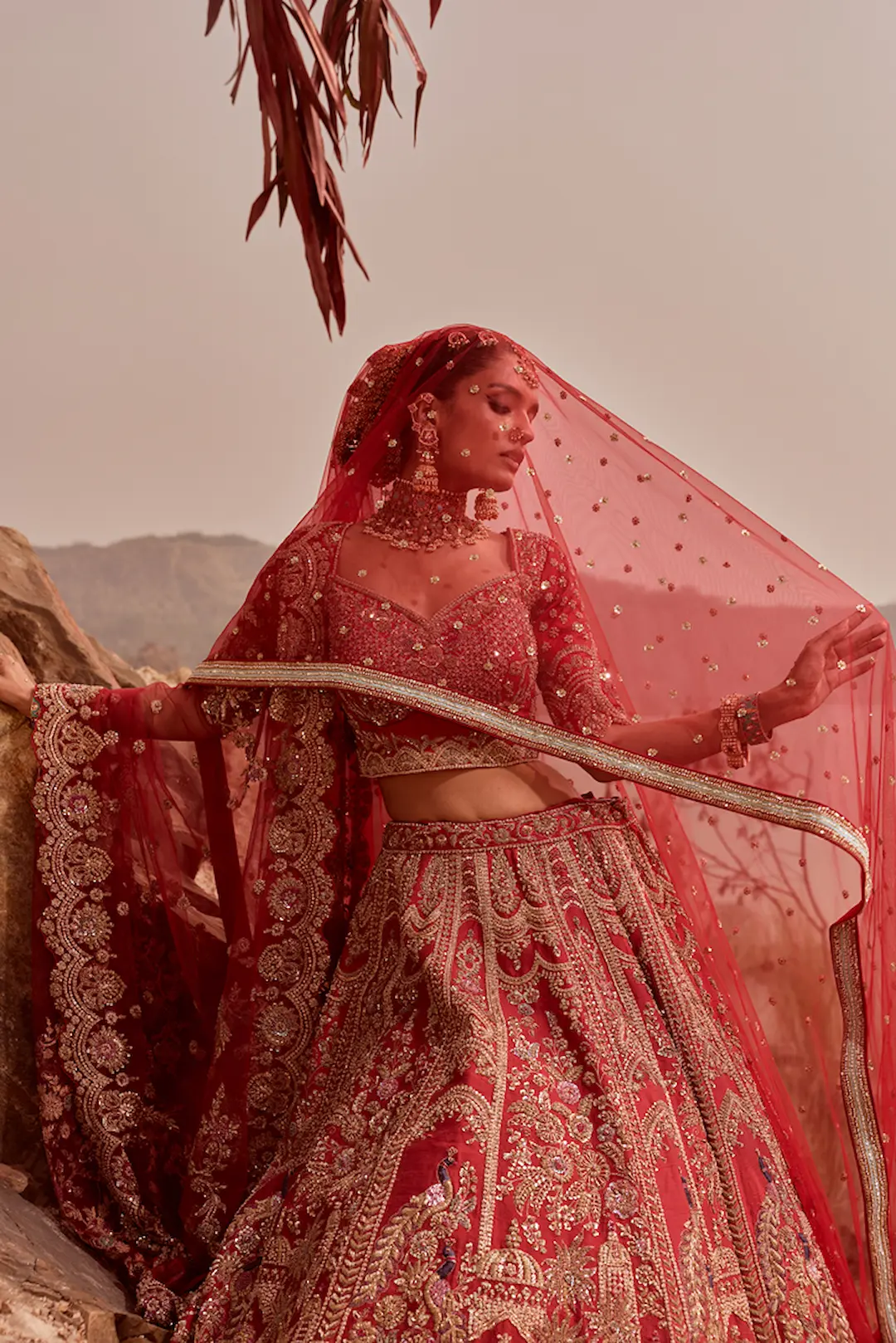 Red silk lehenga with zardozi work - Image 4