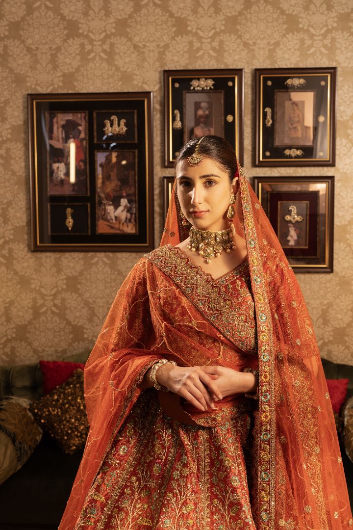 Rust velvet Bridal lehenga with peacock motifs & multicoloured embroidery - Image 3