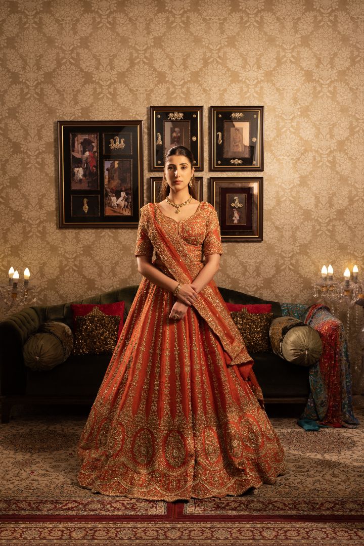 Rust Bridal Lehenga with Cutdana & Sequins Gold Embellishment and Double Dupatta - Image 3
