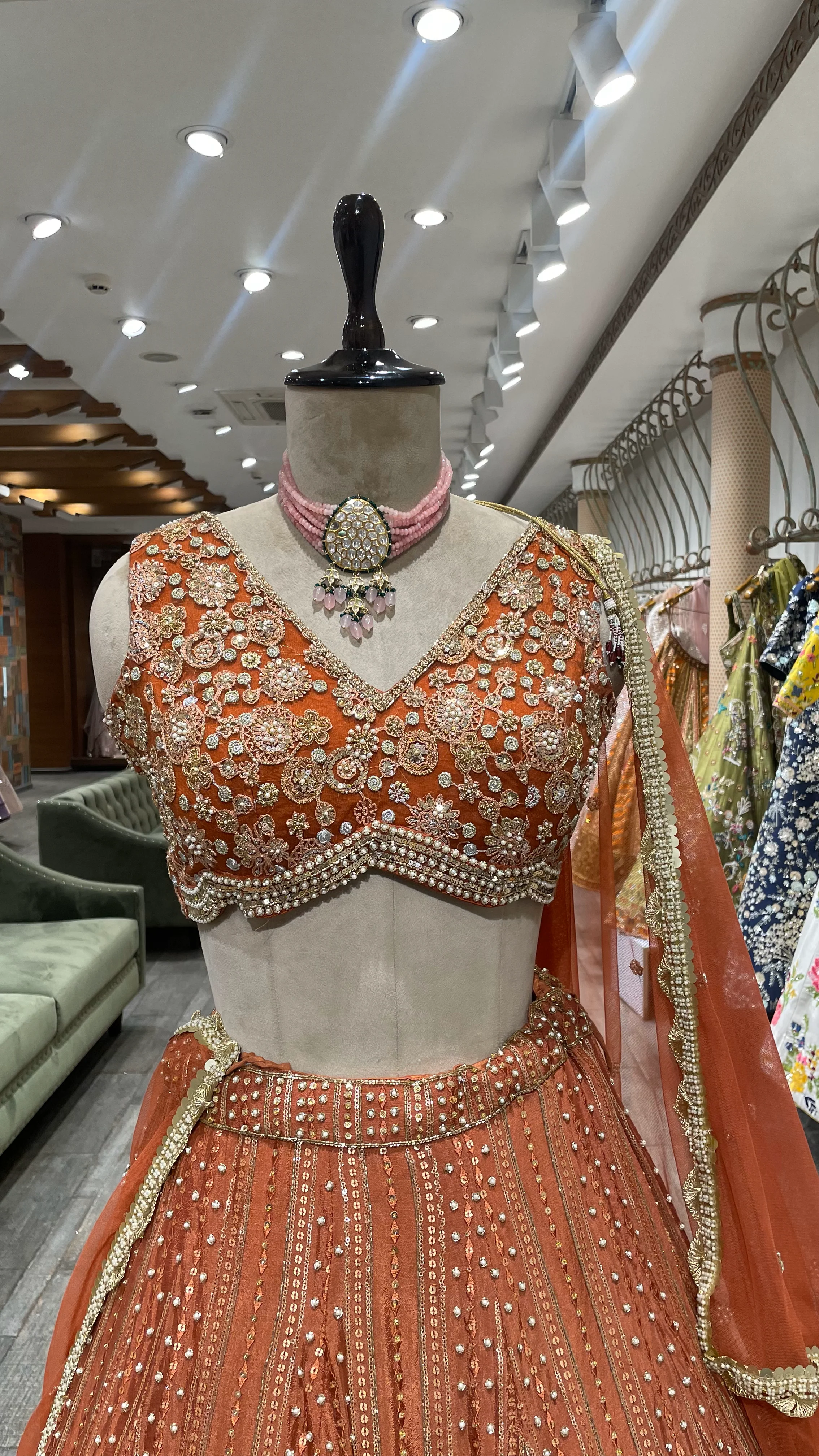 Rust Chinon Lehenga with pearl sequins and pot embellishments - Image 3