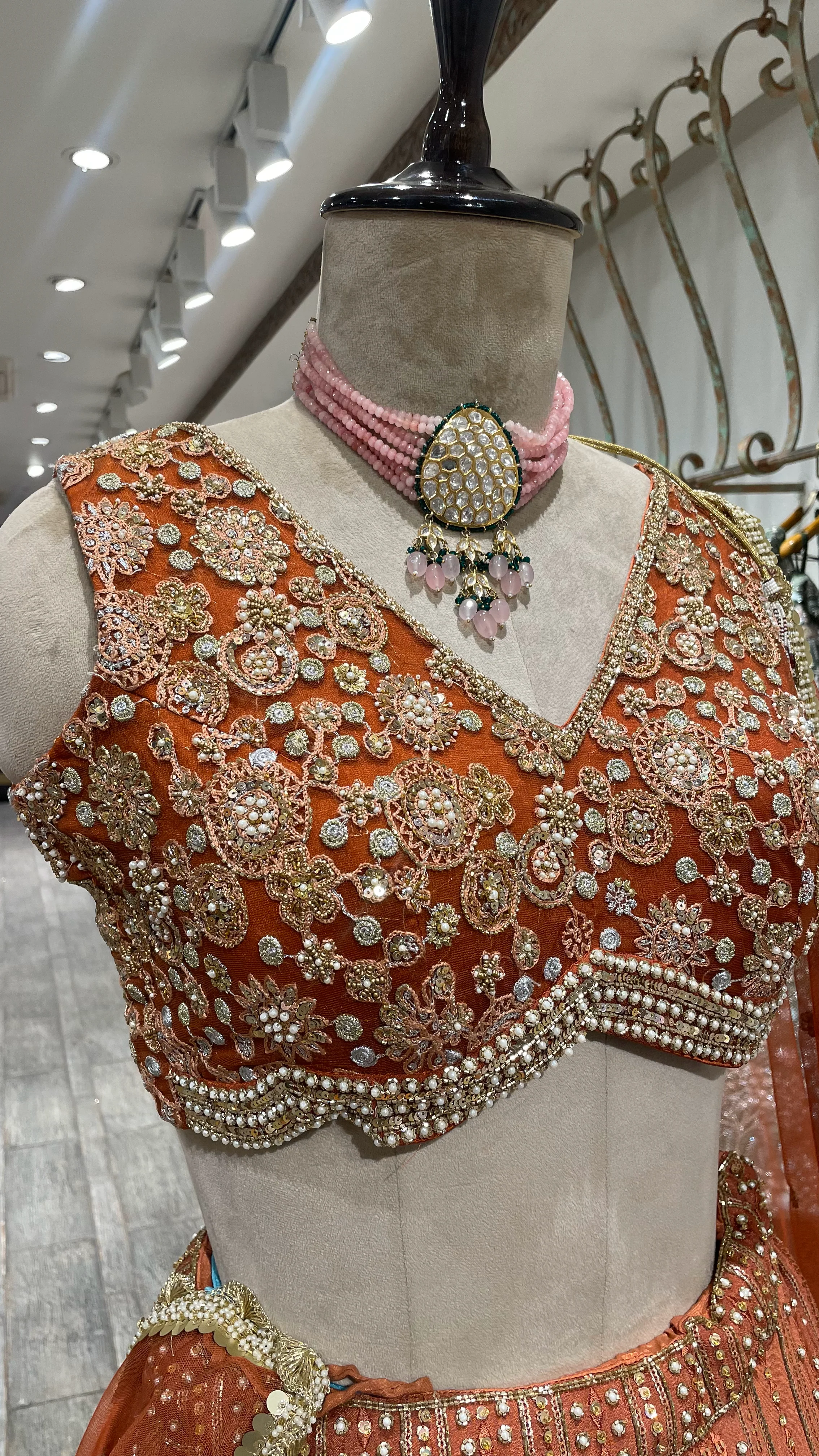 Rust Chinon Lehenga with pearl sequins and pot embellishments - Image 4