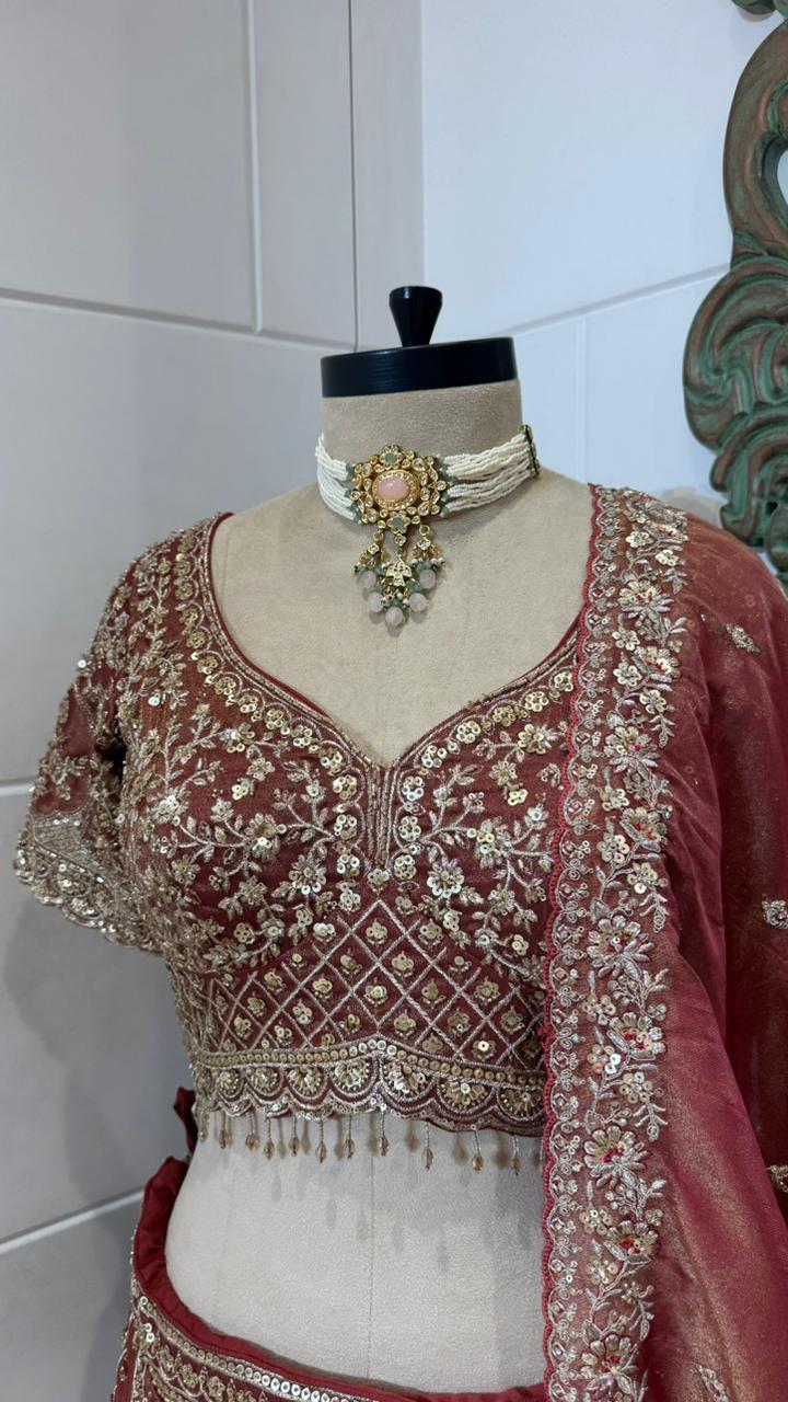 Rust Red Zardozi Embroidered Lehenga - Image 3