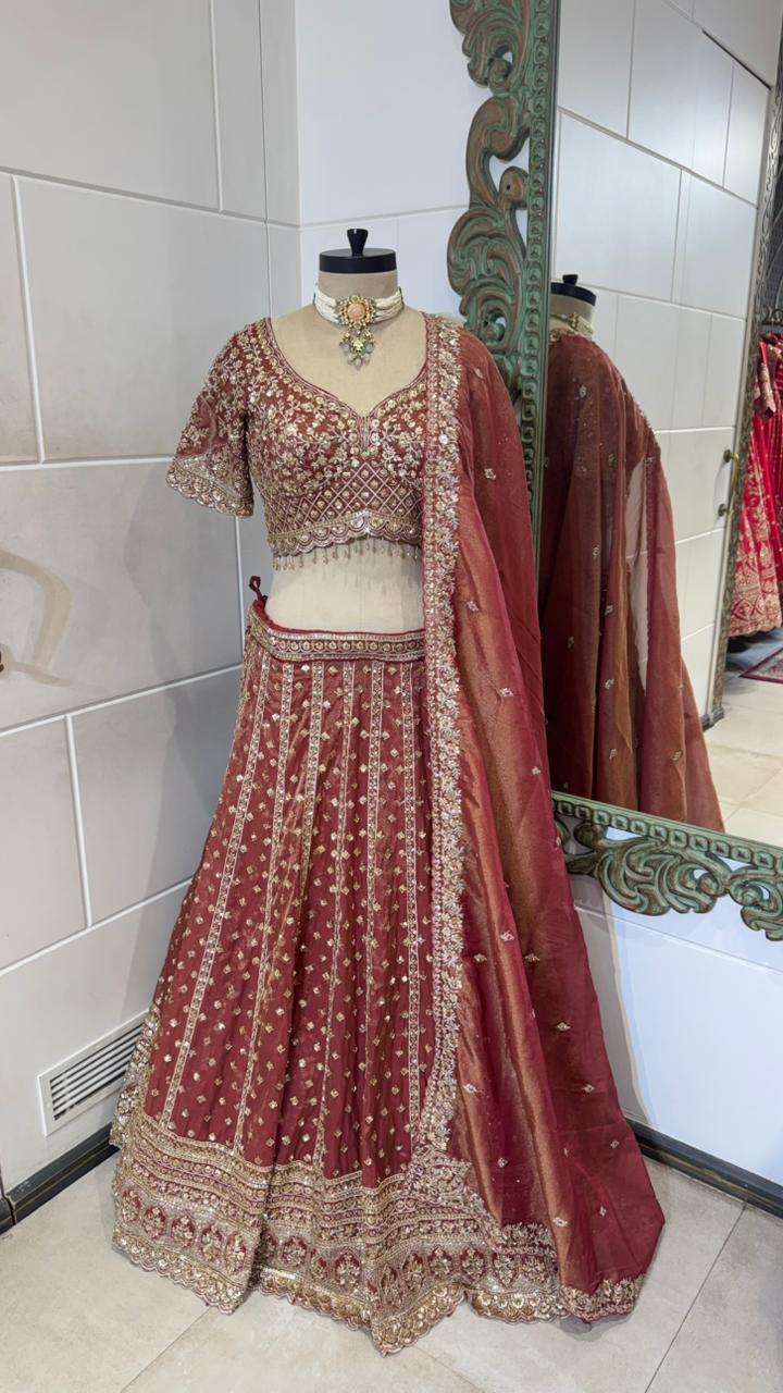 Rust Red Zardozi Embroidered Lehenga - Image 4