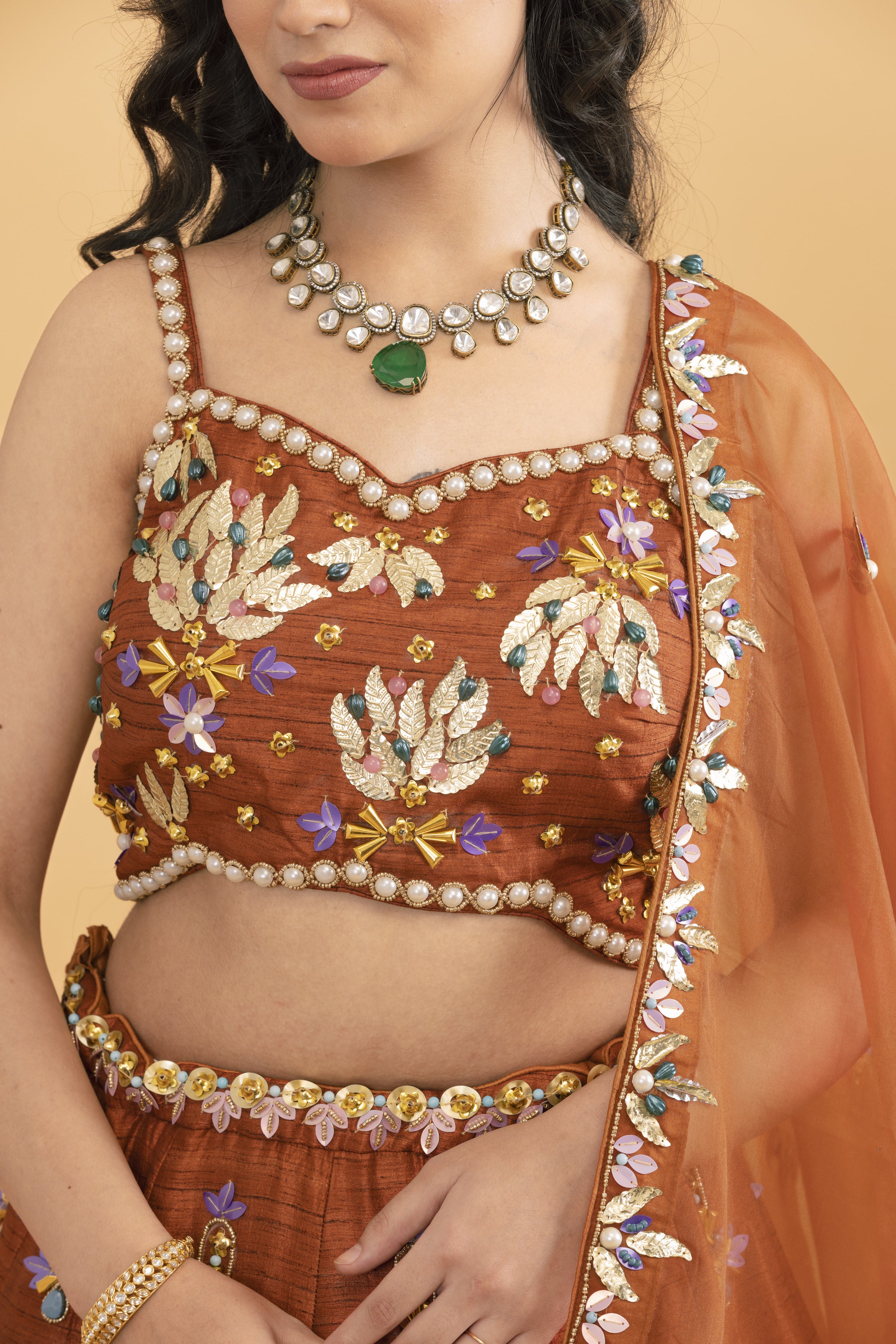Rust Silk lehenga with multicolour sequins - Image 3