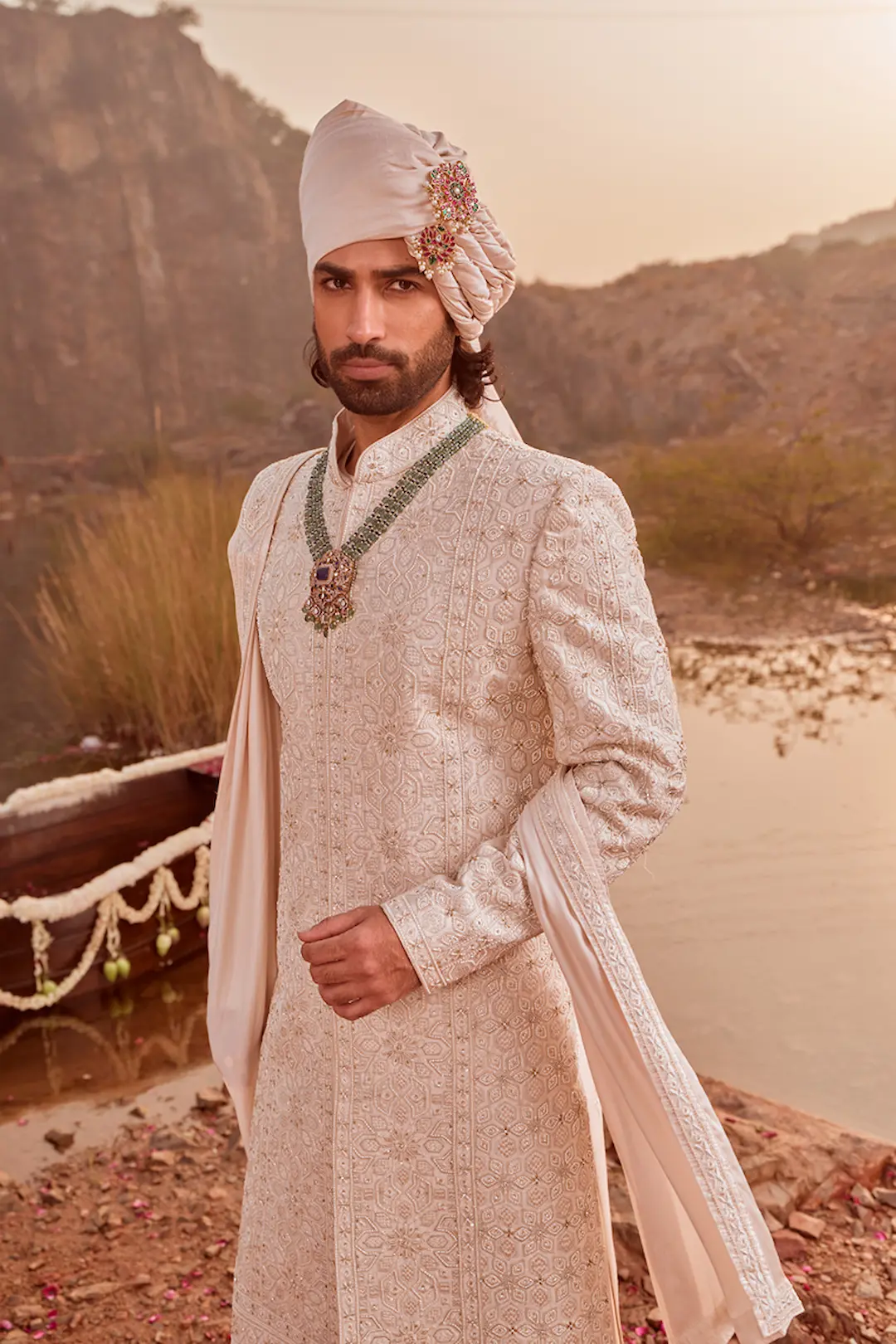 Off white Sherwani set with thread work and with anarkali kurta - Image 3