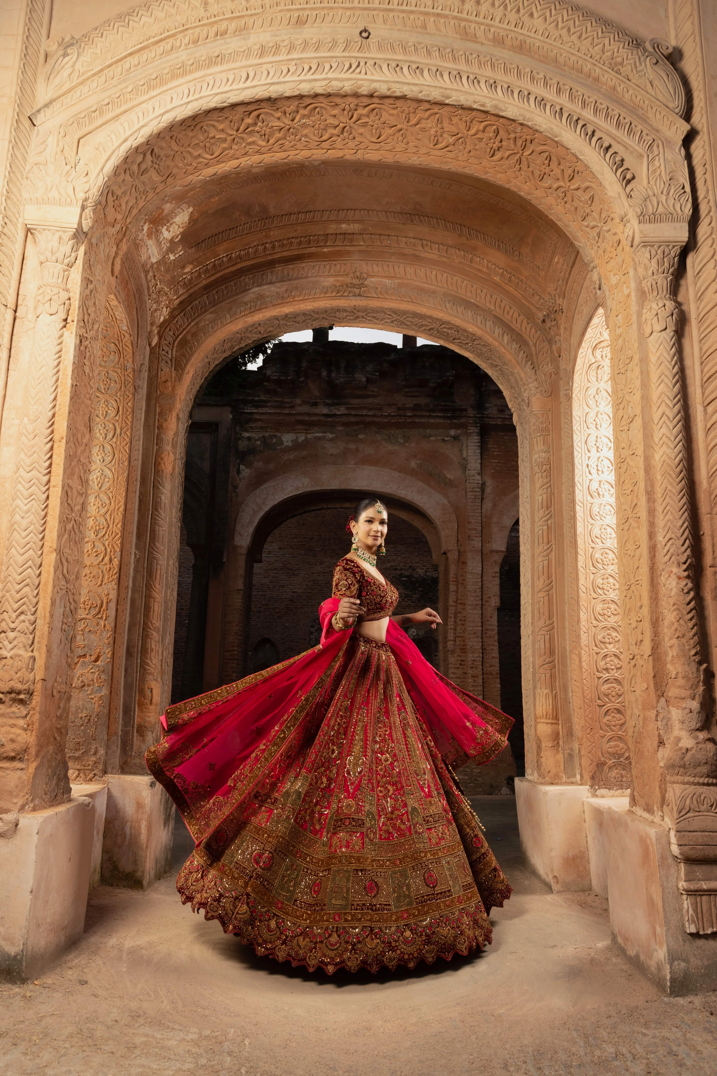 Silk Bridal Lehenga in Regal Red, Brown, and Maroon with Ethereal Organza Dupatta - Image 2