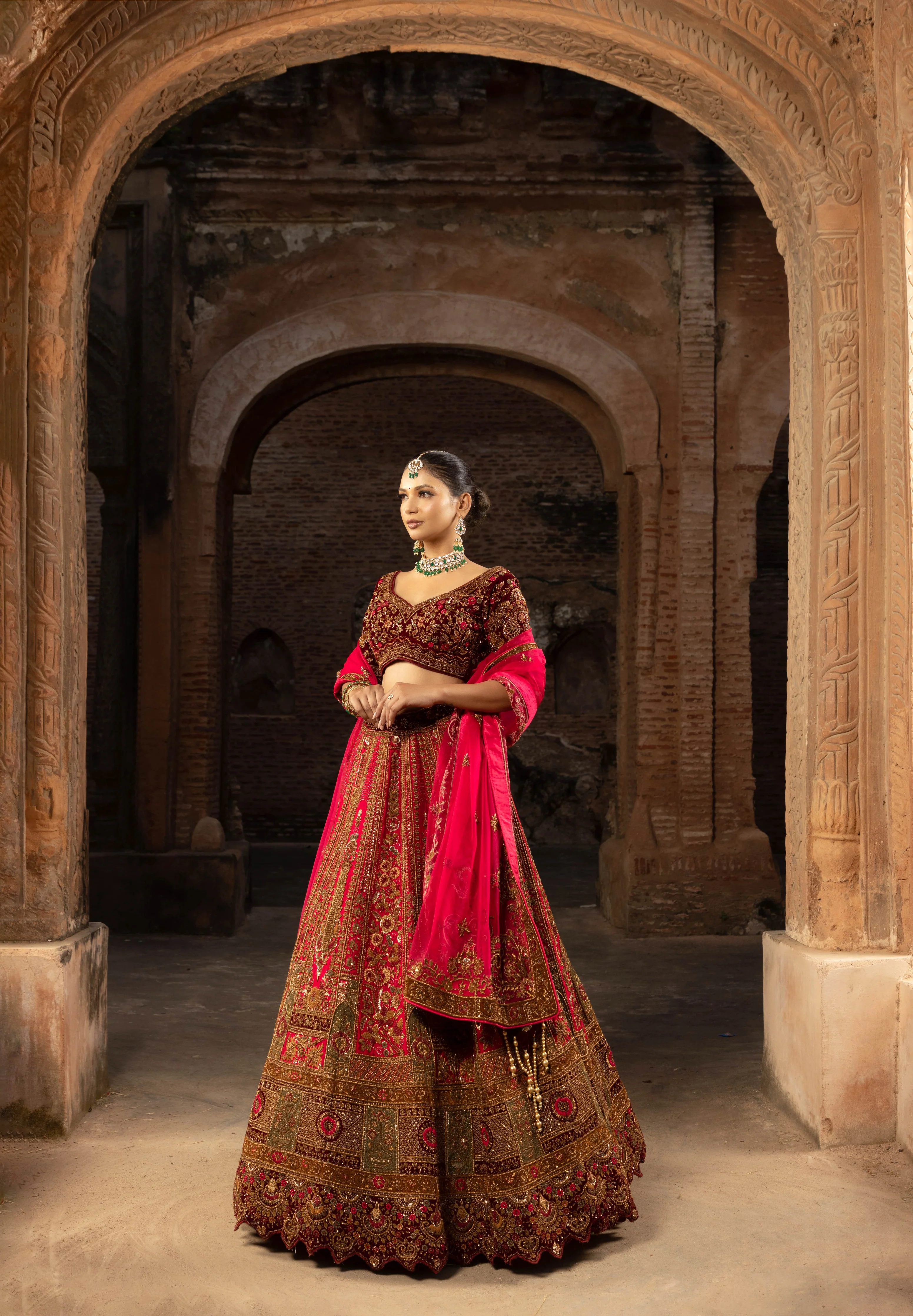 Silk Bridal Lehenga in Regal Red, Brown, and Maroon with Ethereal Organza Dupatta - Image 3
