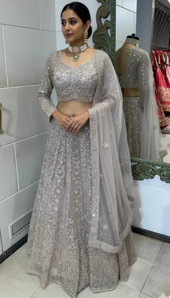 Silver Grey Mirror Work Lehenga,