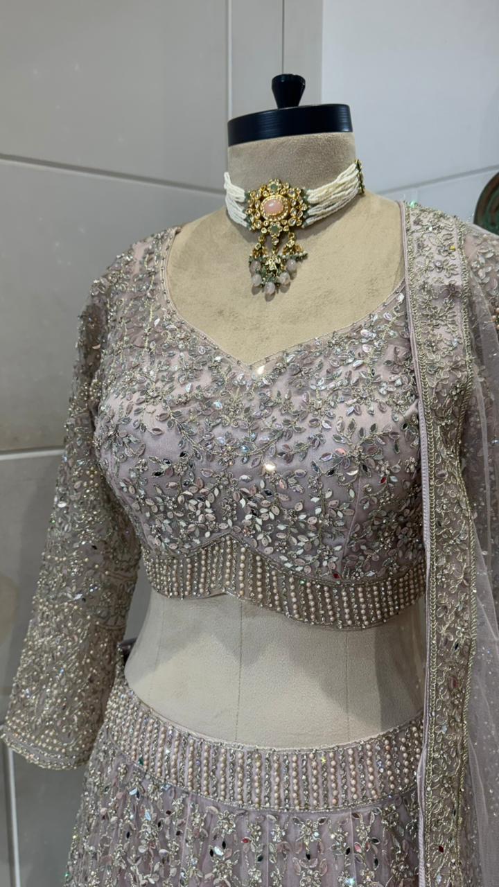 Silver Grey Mirror Work Lehenga, - Image 3