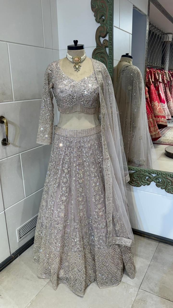 Silver Grey Mirror Work Lehenga, - Image 4