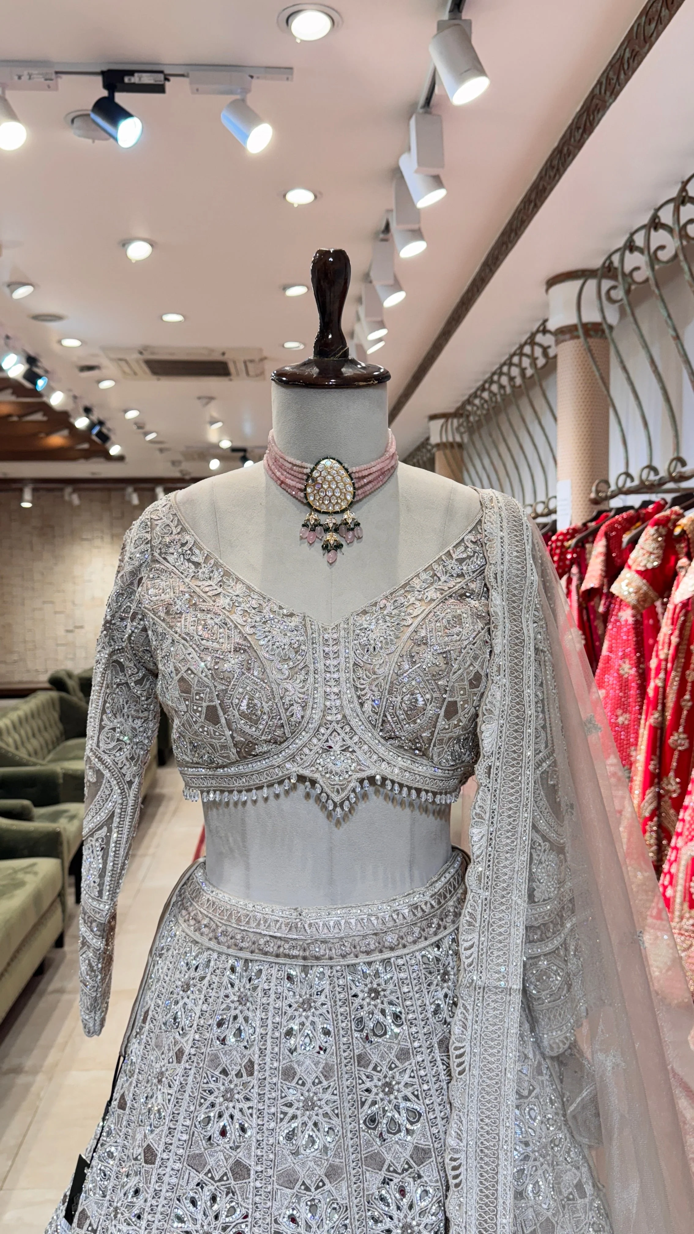Silver lehenga with mirror and stonework - Image 2