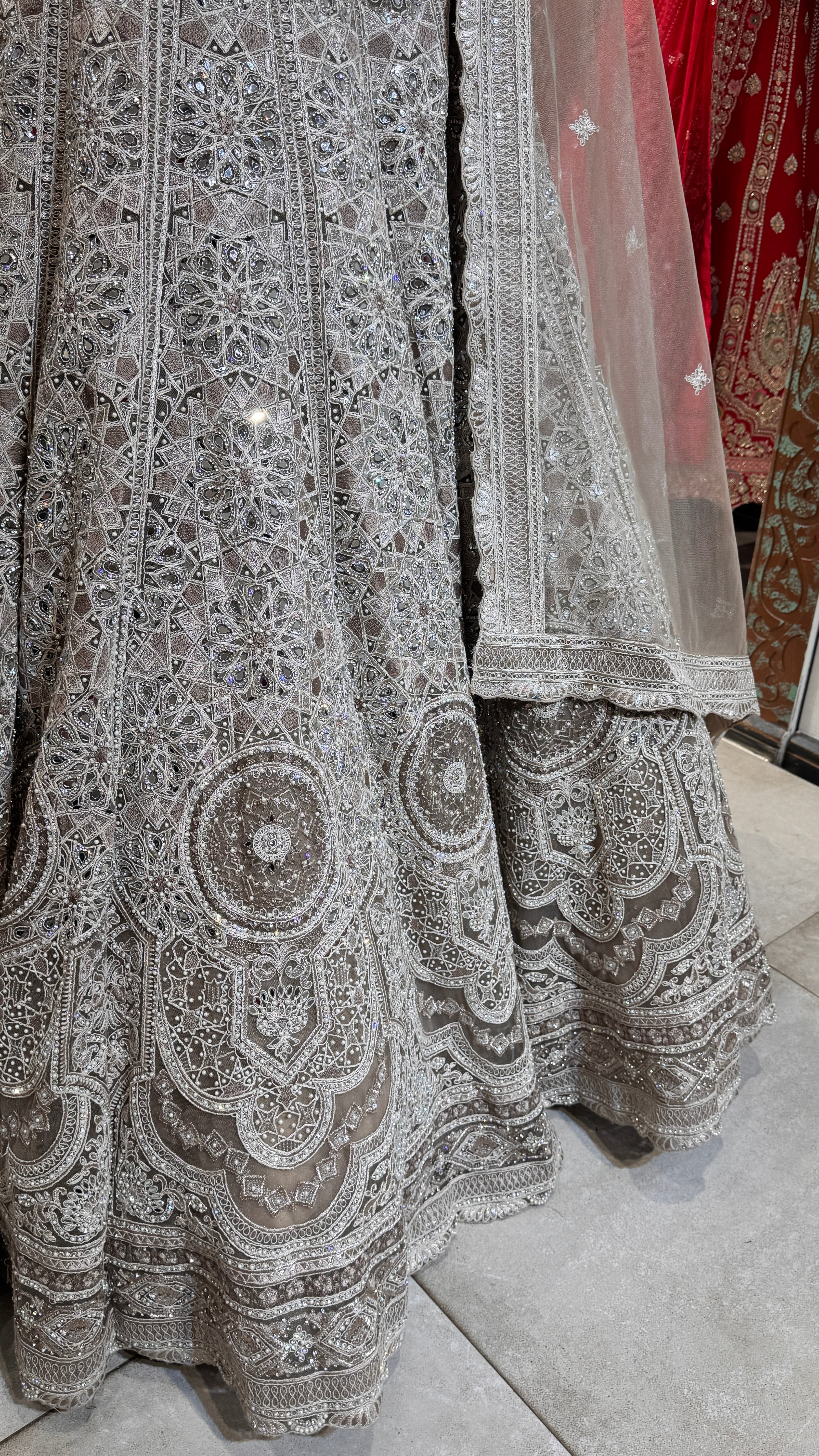 Silver lehenga with mirror and stonework - Image 3