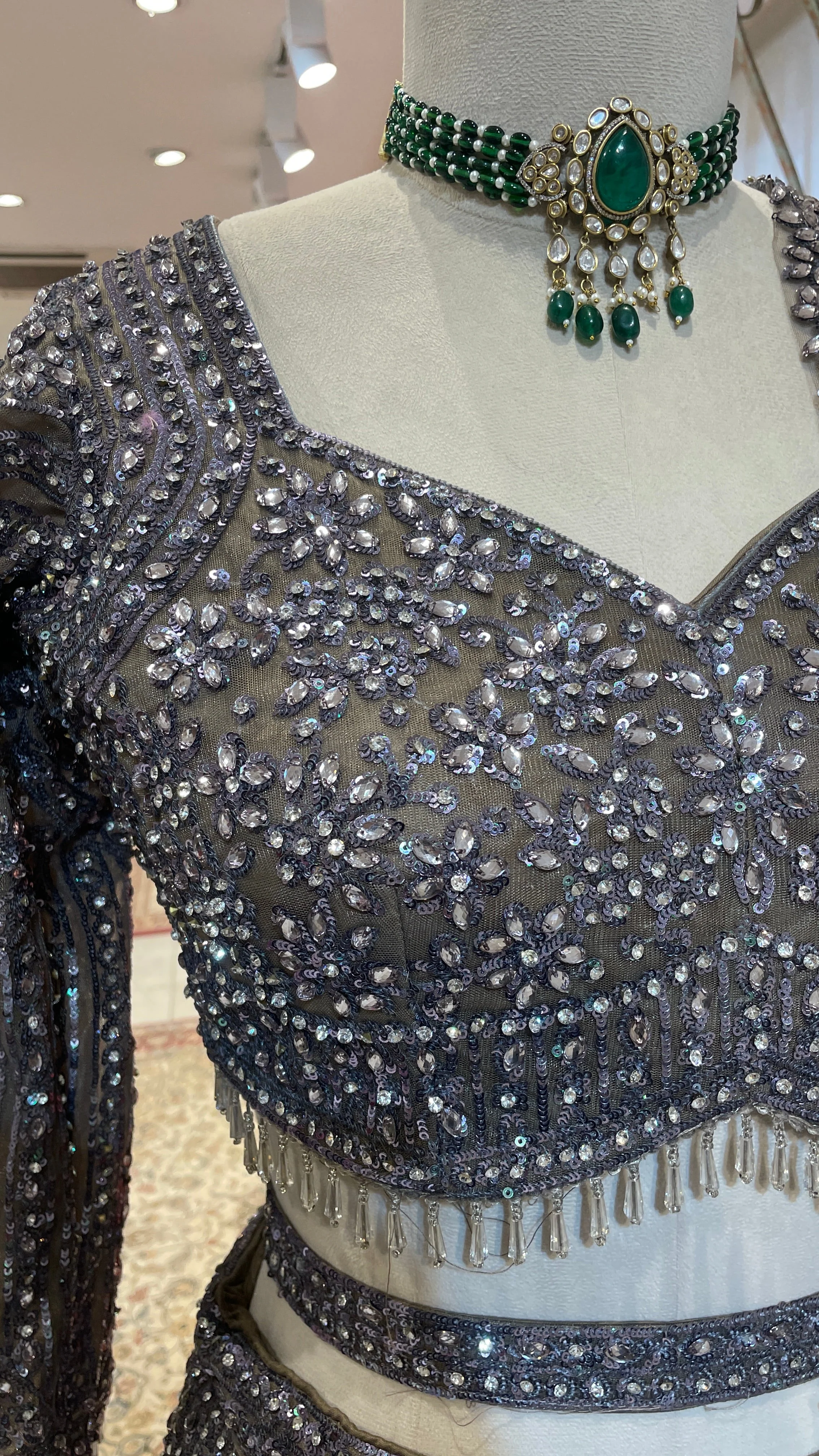 Silver net lehenga with sequins and bead embellishments - Image 3