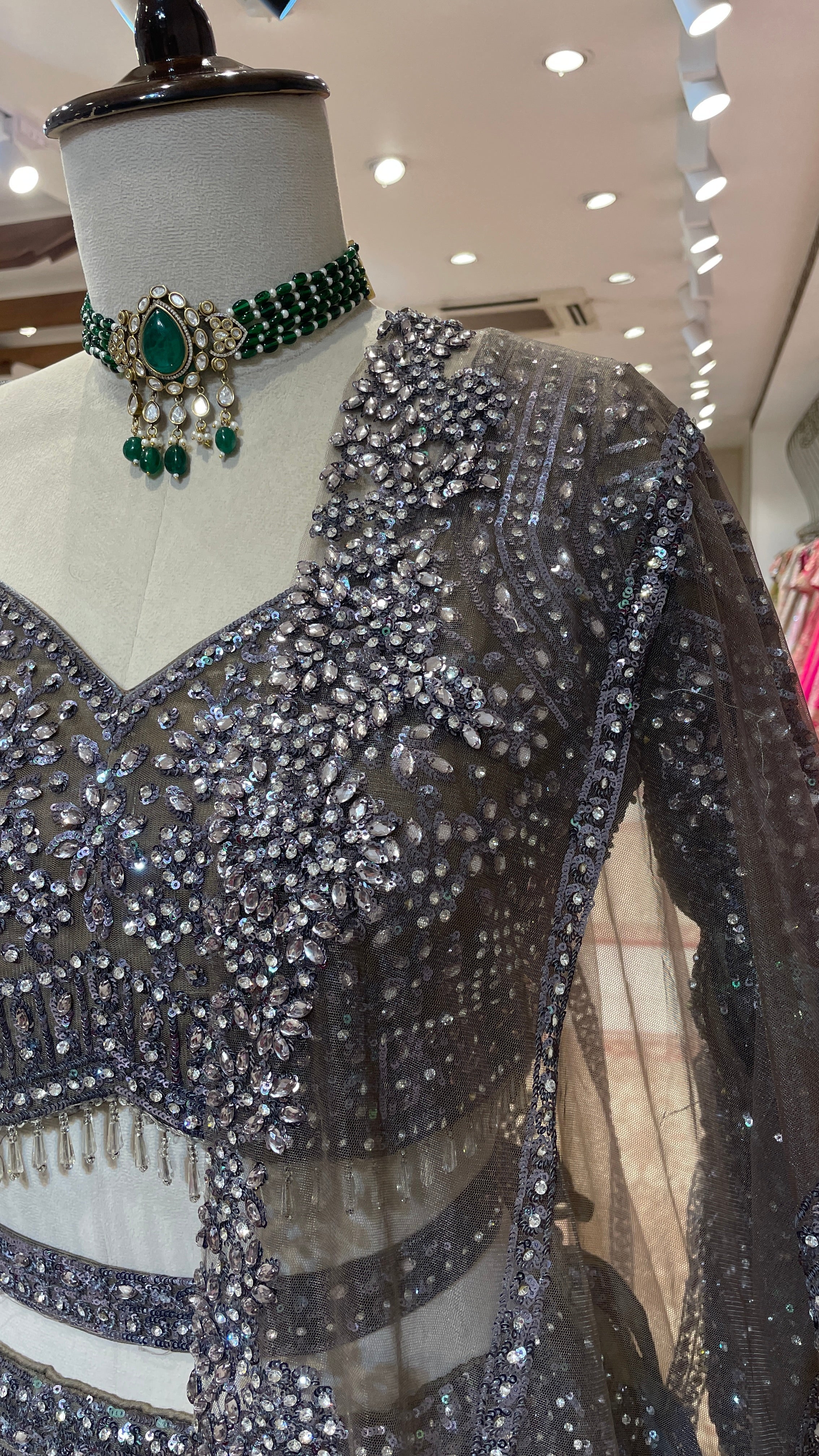 Silver net lehenga with sequins and bead embellishments - Image 4