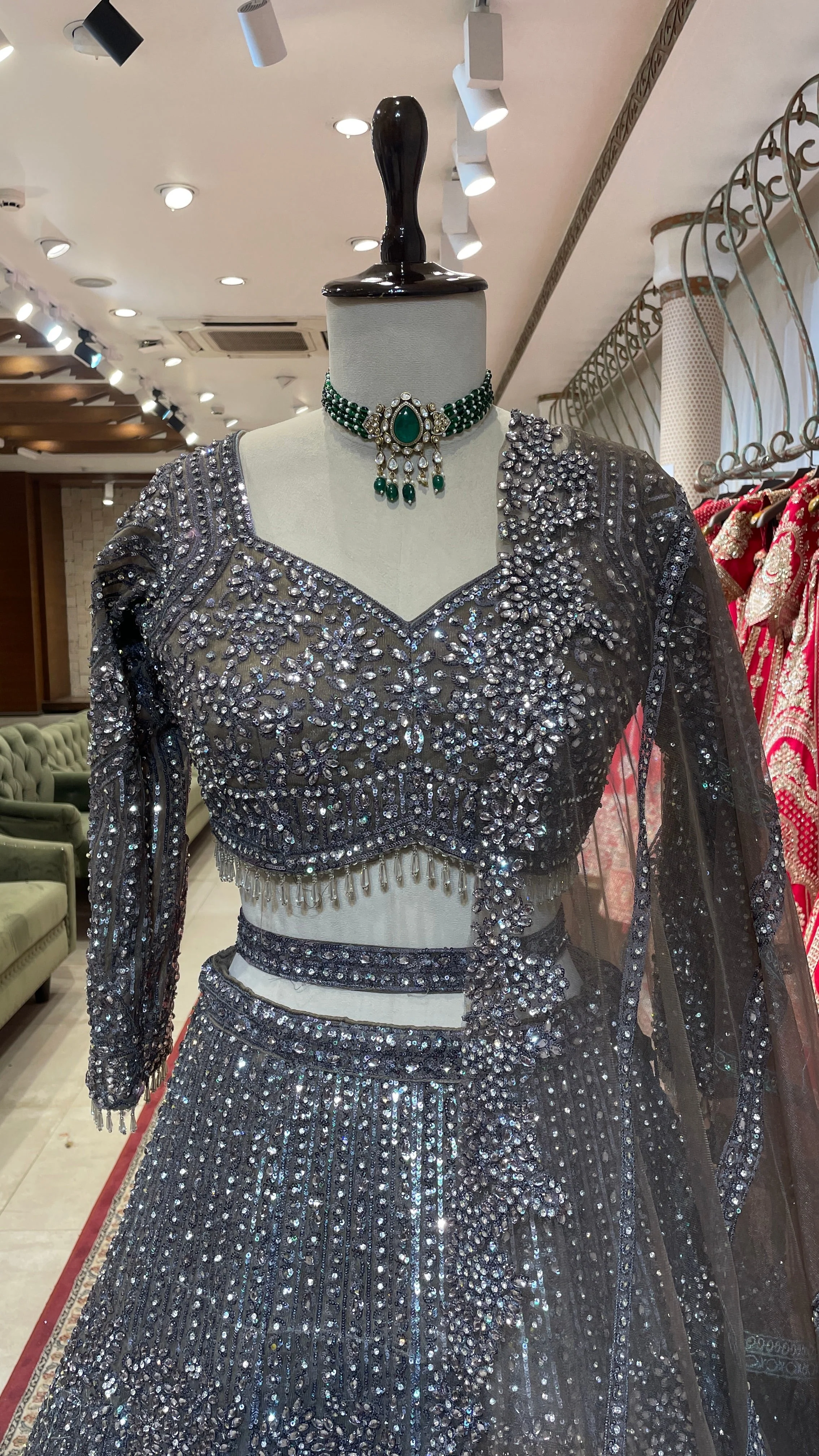 Silver net lehenga with sequins and bead embellishments - Image 5