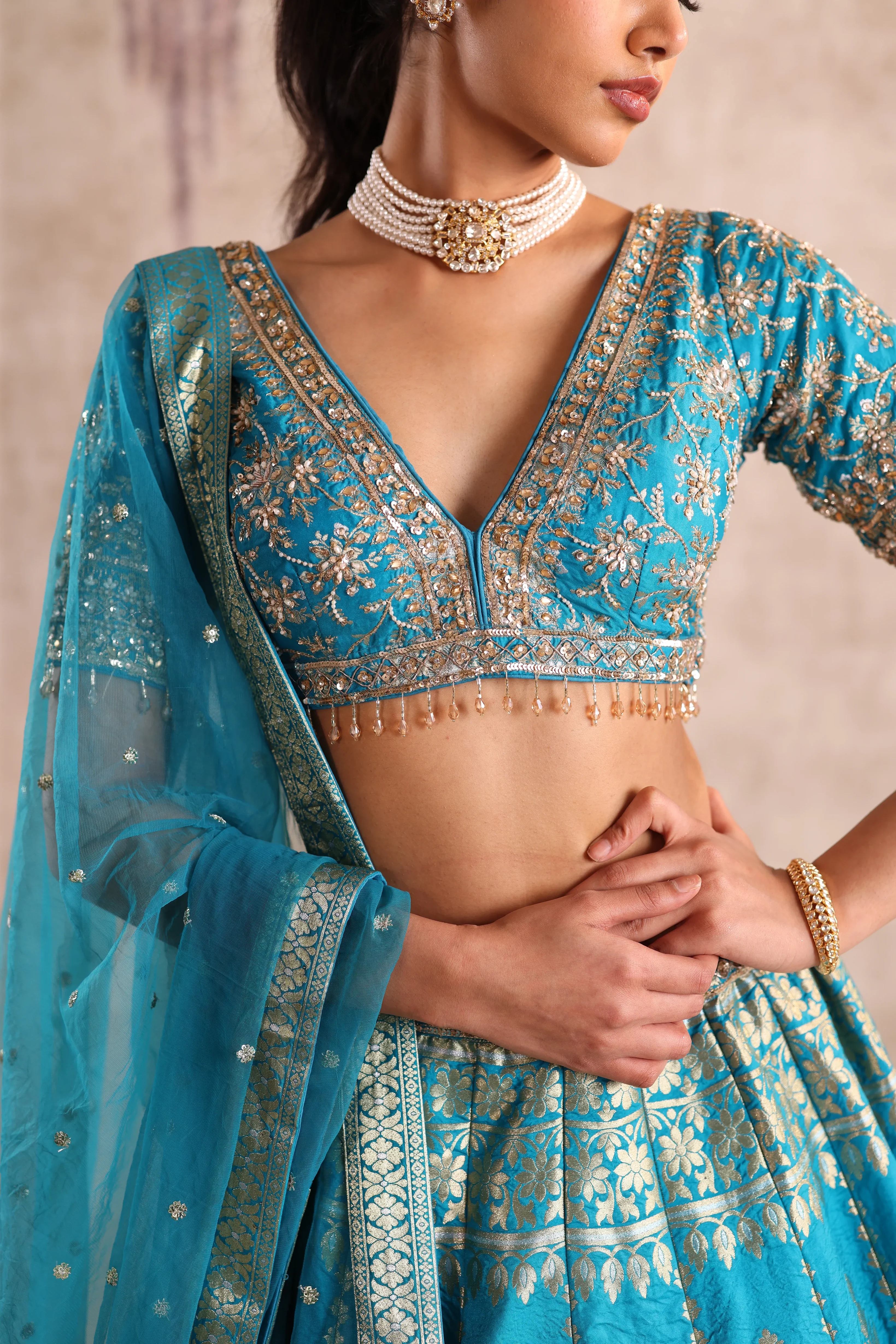 Sky Blue Zari Woven Party Wear Lehenga - Image 3