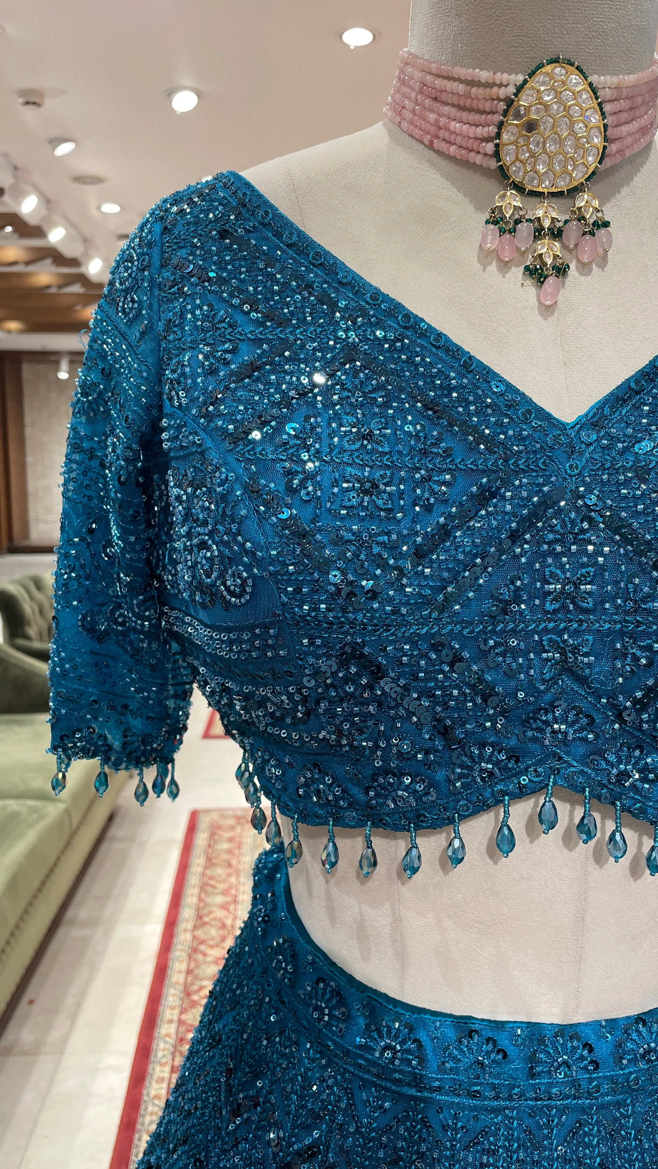 Teal Blue colour Lehenga with sequins work - Image 2