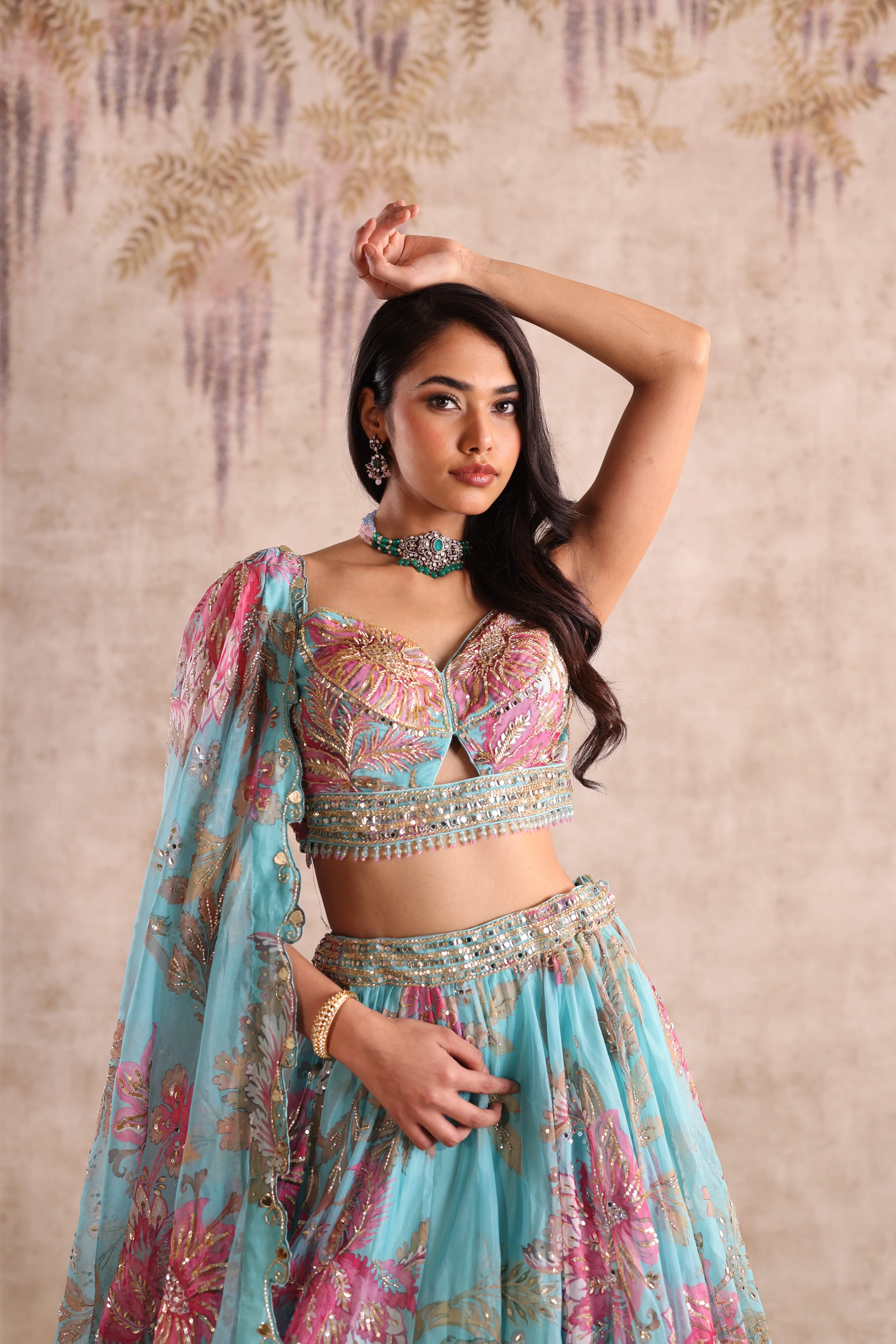 Turquoise Blue Floral Embroidered Party Wear Lehenga - Image 2