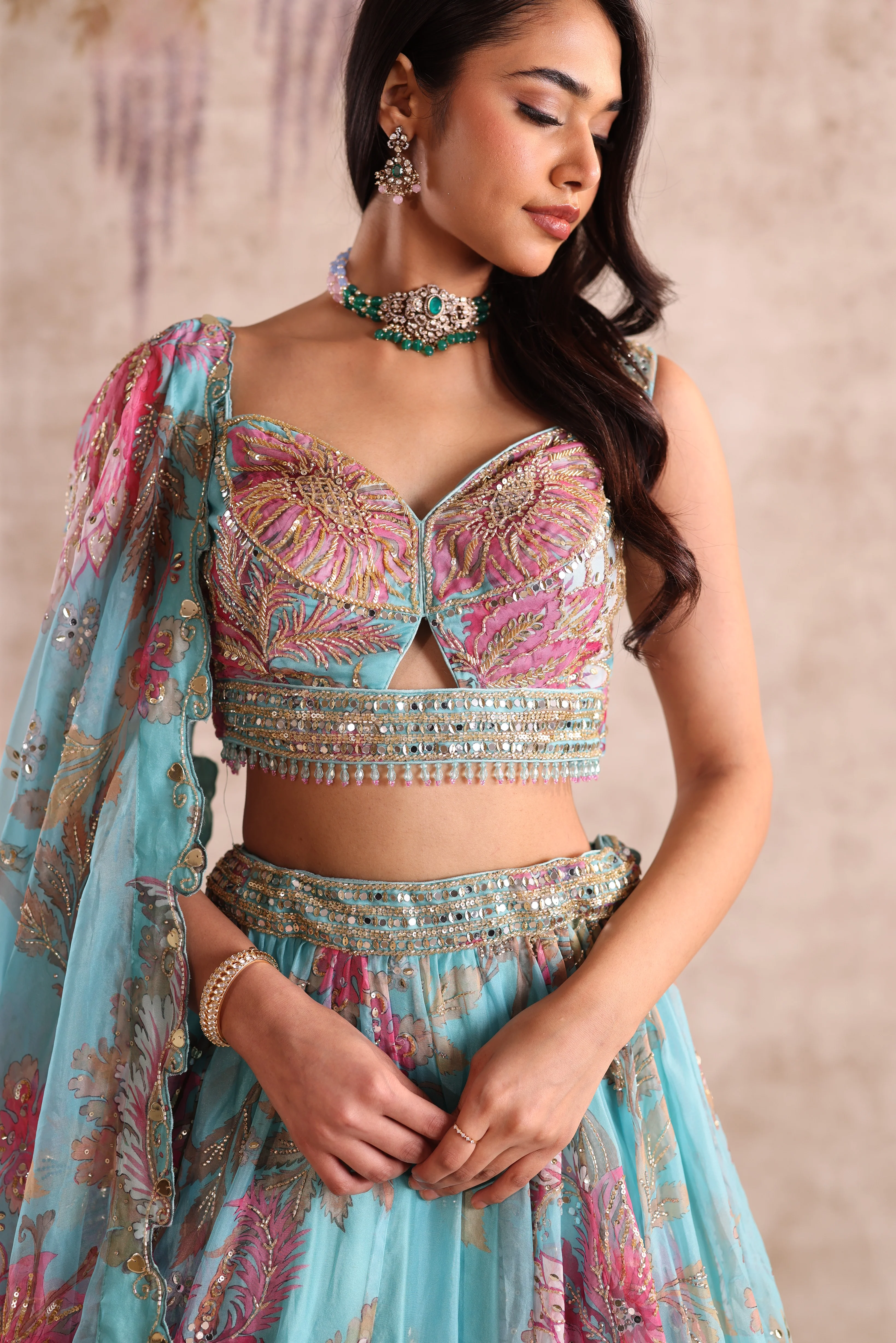 Turquoise Blue Floral Embroidered Party Wear Lehenga - Image 3
