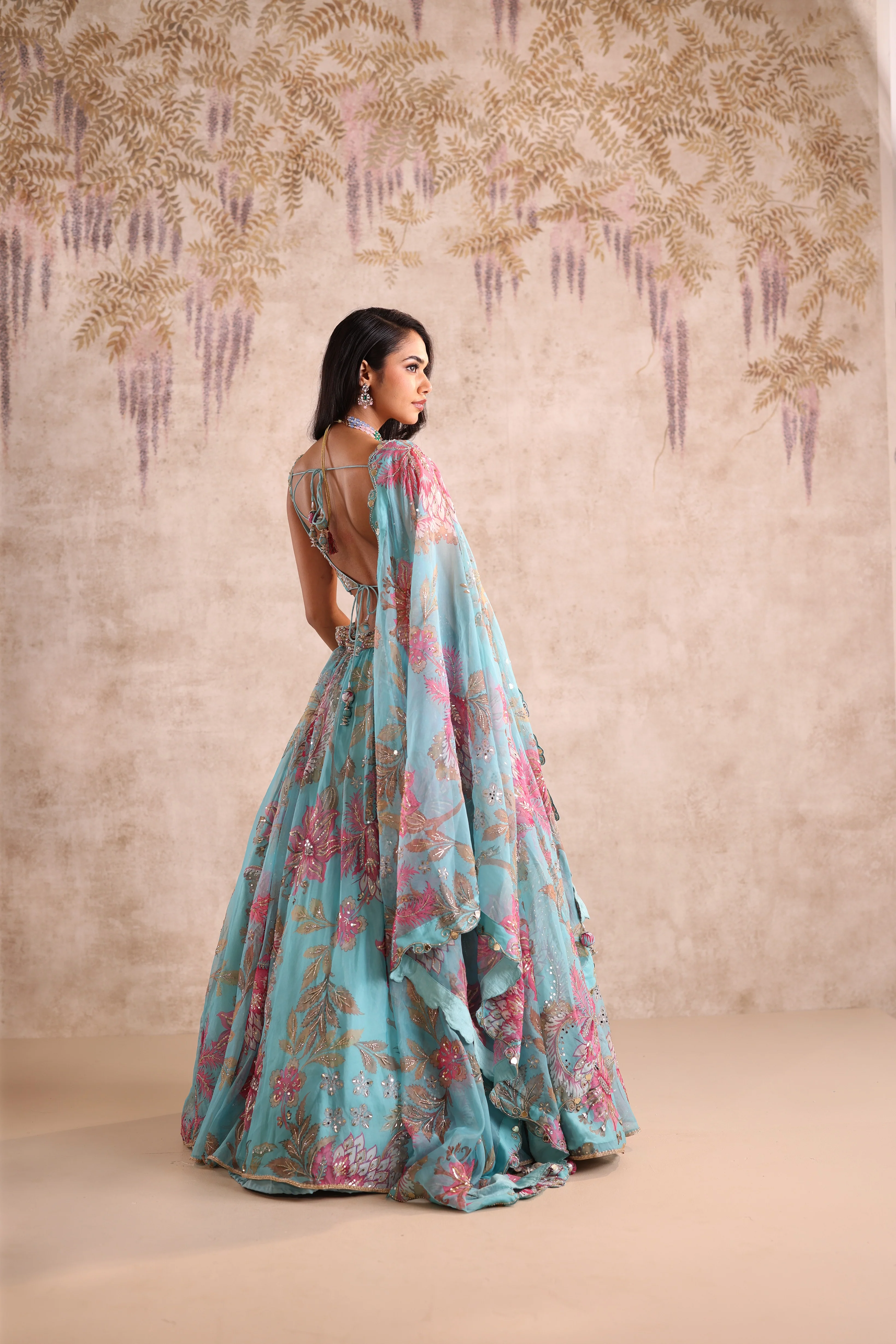 Turquoise Blue Floral Embroidered Party Wear Lehenga - Image 4