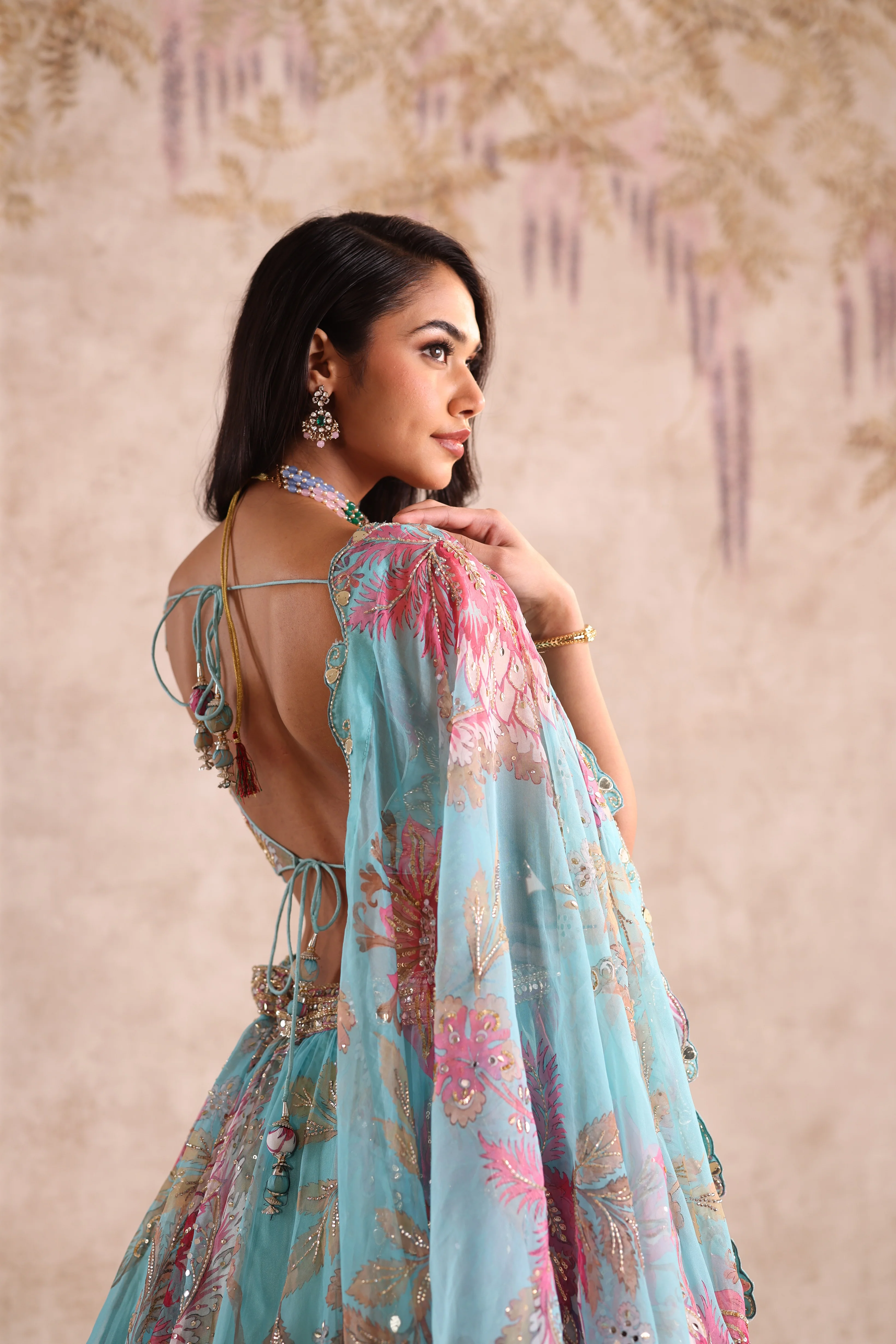 Turquoise Blue Floral Embroidered Party Wear Lehenga - Image 5