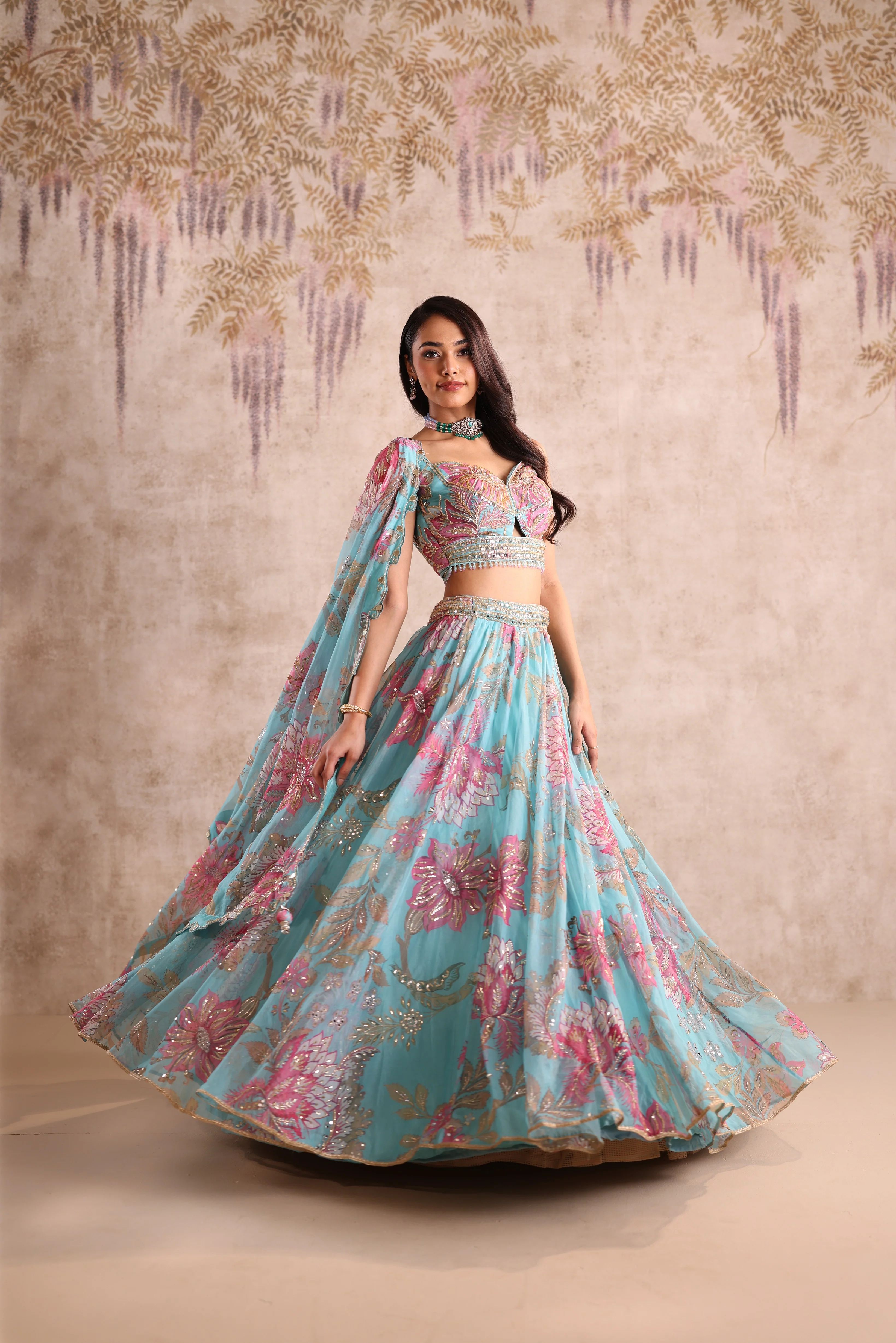 Turquoise Blue Floral Embroidered Party Wear Lehenga - Image 6