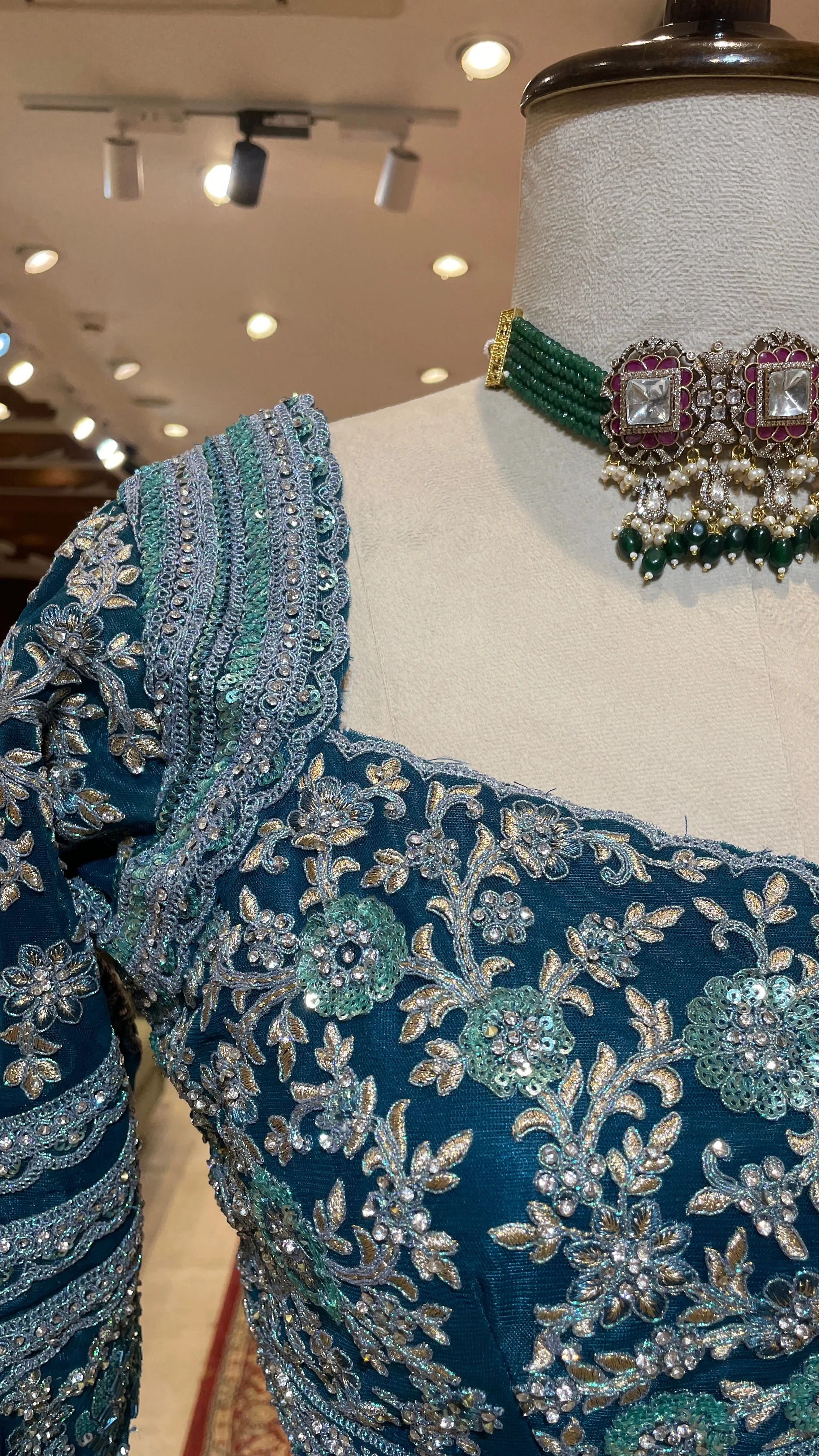 Turquoise blue lehenga with floral motifs - Image 3