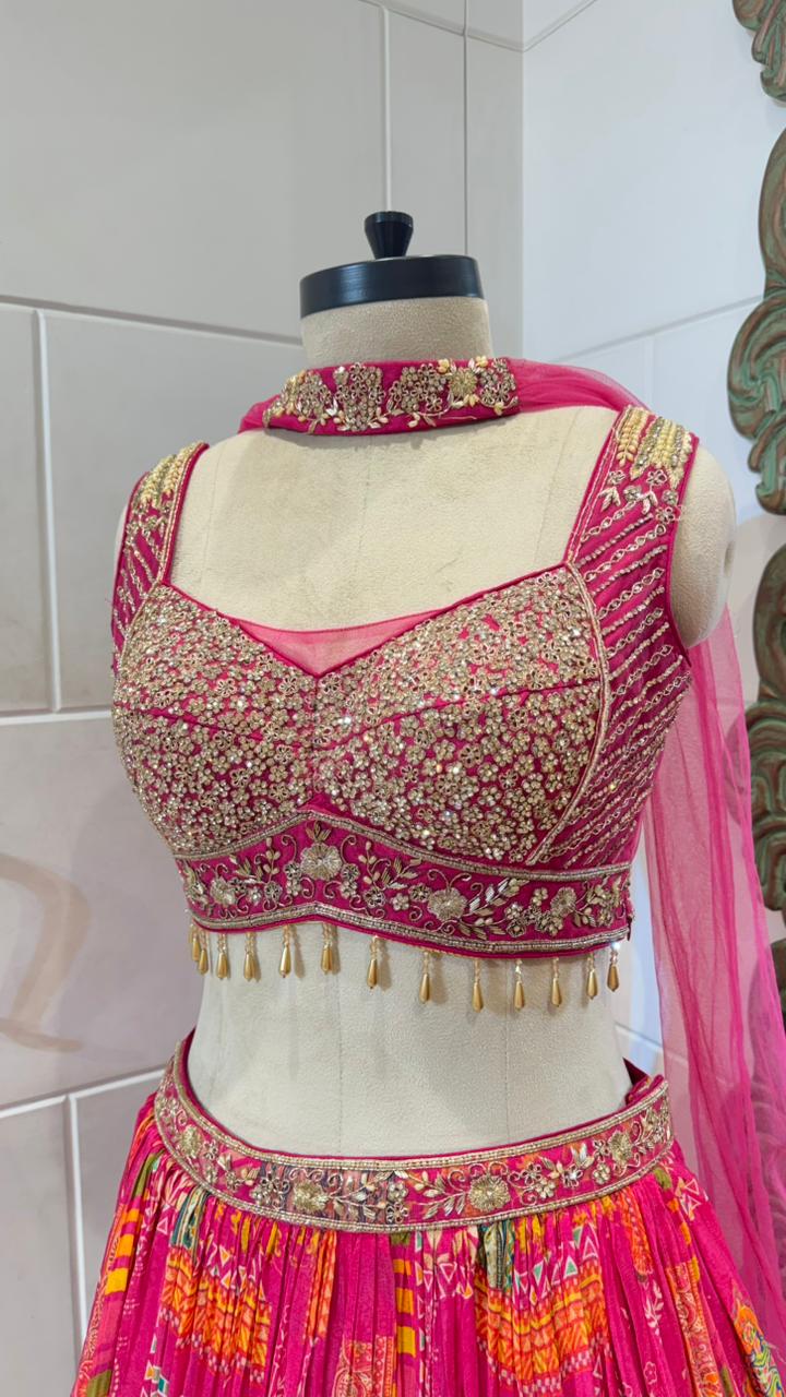 Vibrant Pink Multi-Patterned Festive Lehenga - Image 3