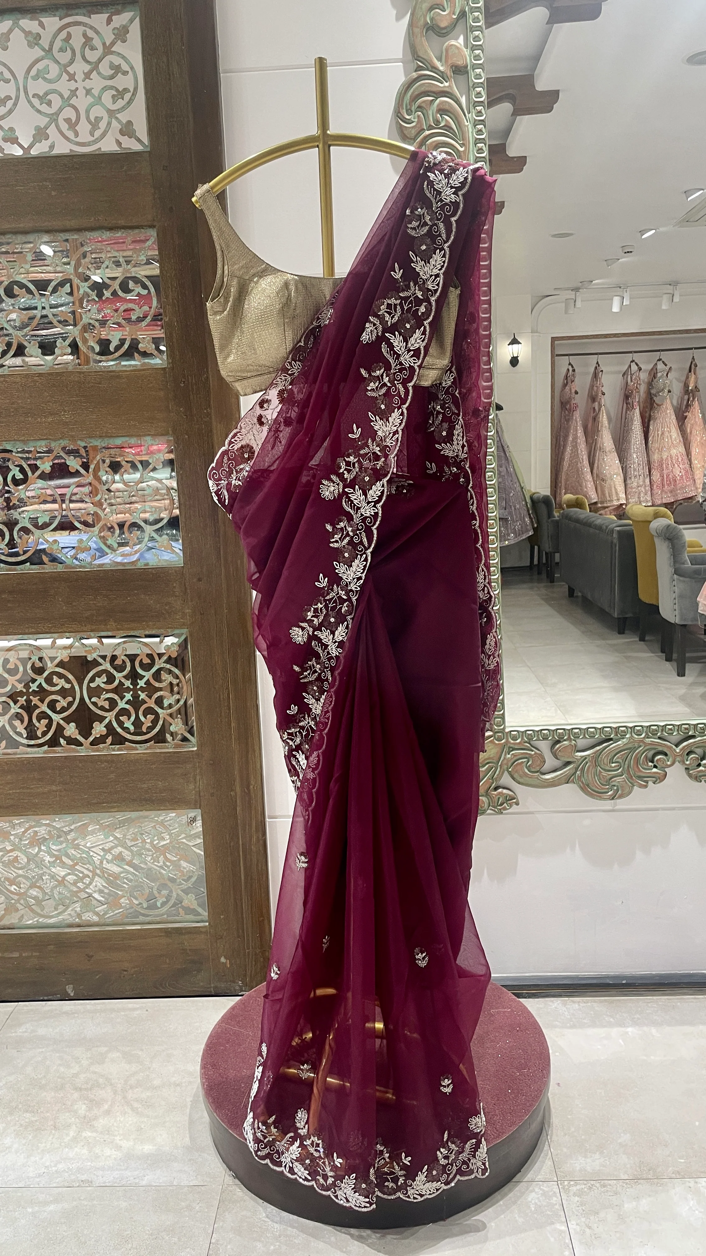 Wine Maroon Saree with Floral Embroidered Border and Golden Blouse