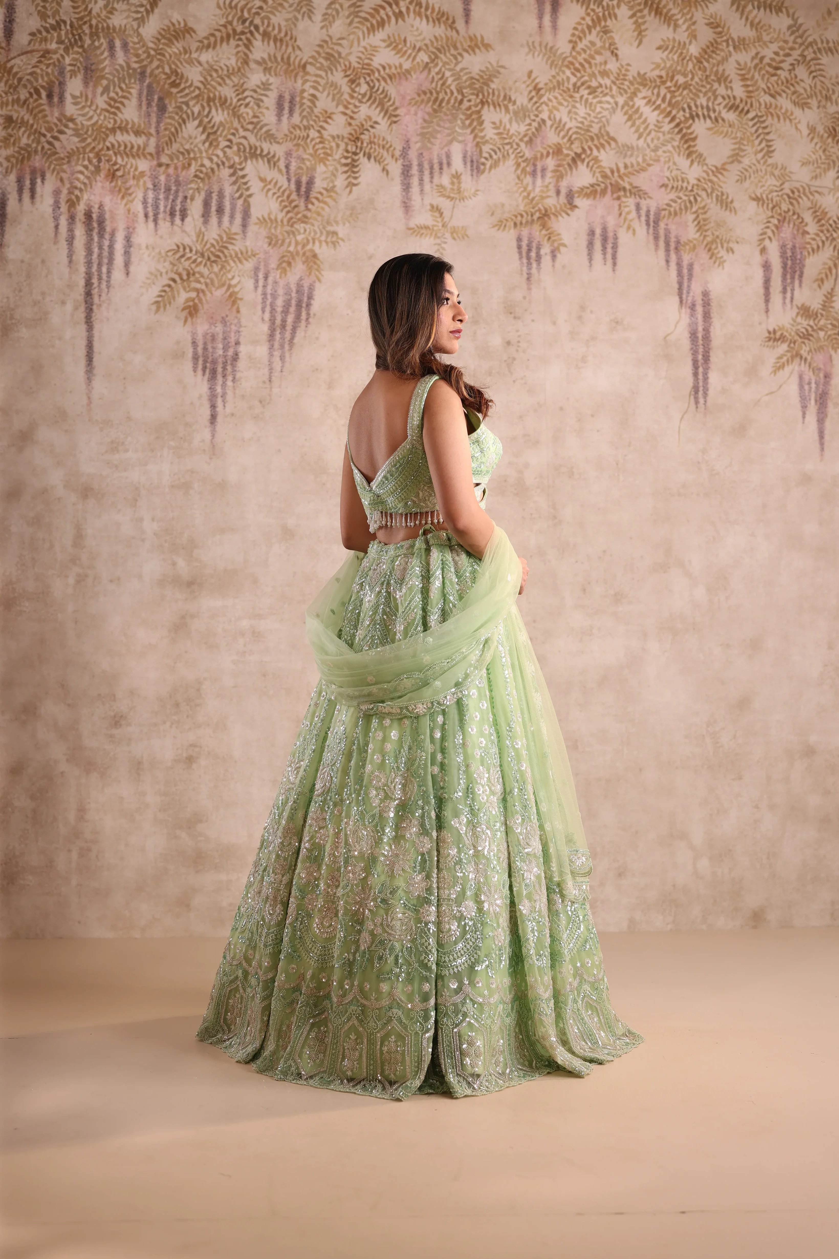 White Green Embroidered Party Wear Lehenga - Image 4