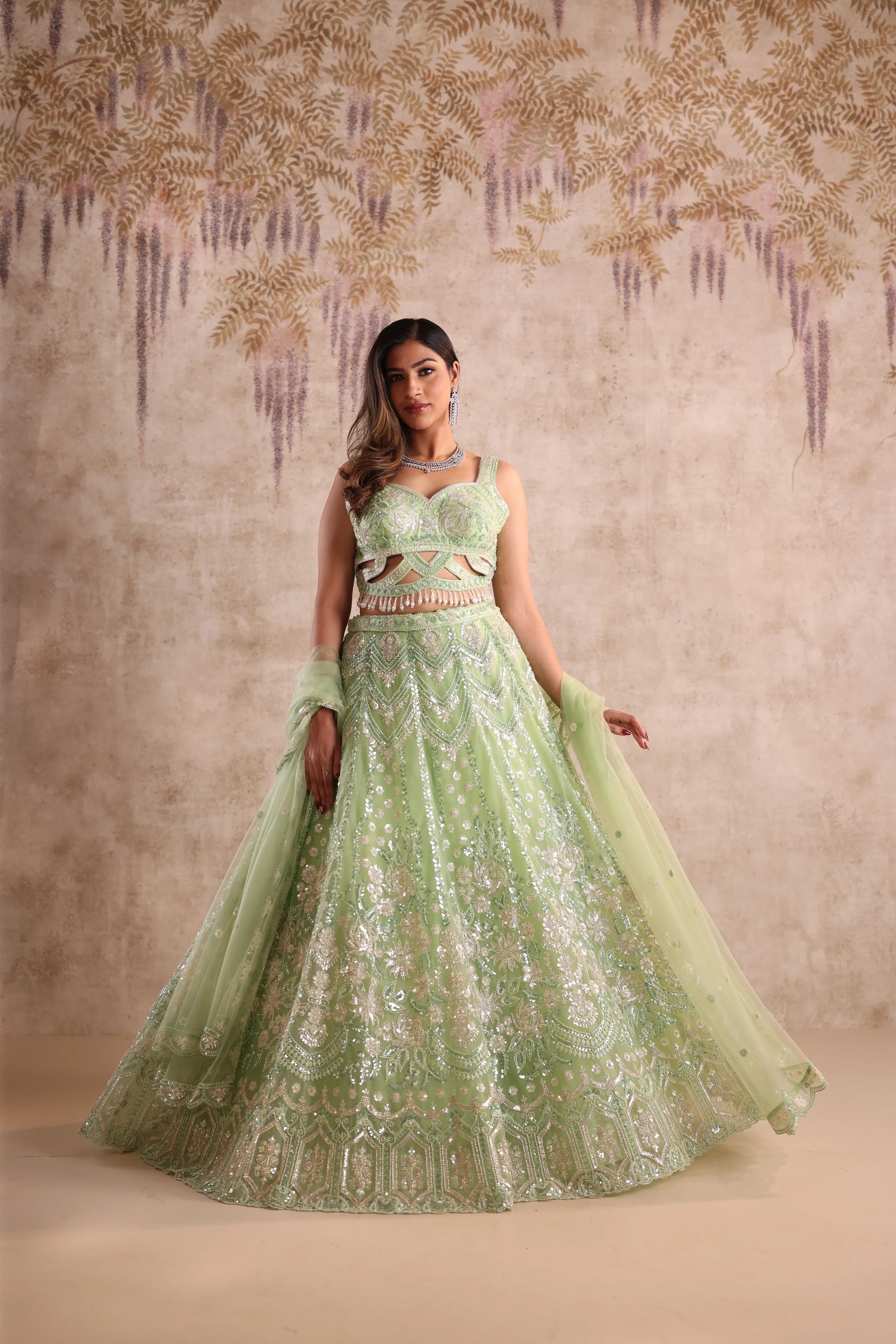 White Green Embroidered Party Wear Lehenga - Image 5